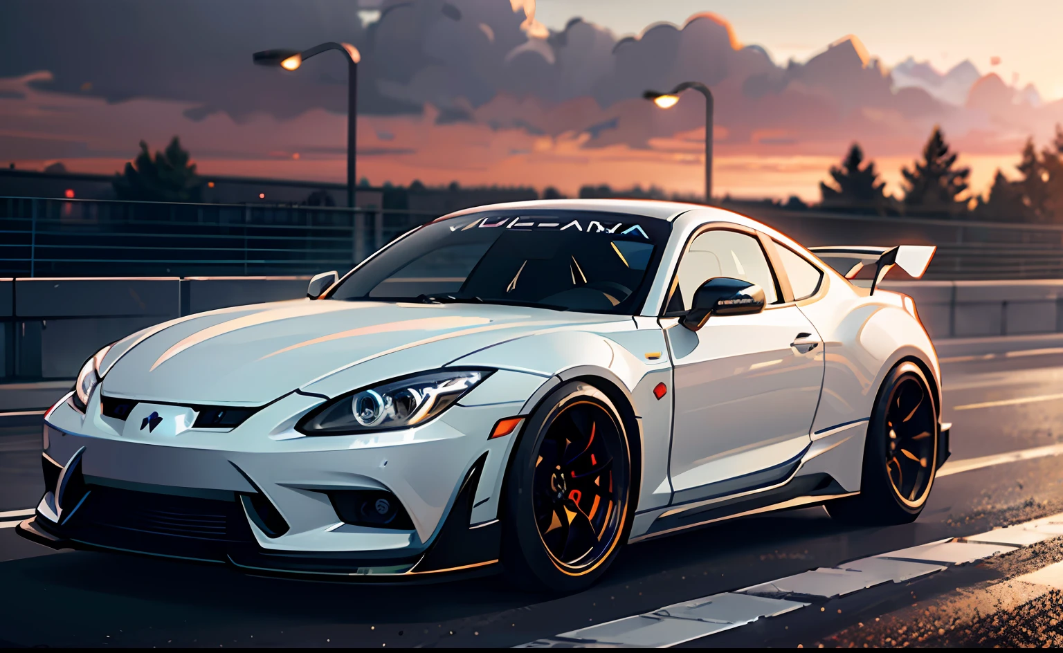 afternoon, 1 girl standing by car, cars, space suit, black car, clean spoiler, very detailed, glowing lights, cool car, badass car, rocket bunny, japan, jdm, car under glow, race track, (center frame), hires