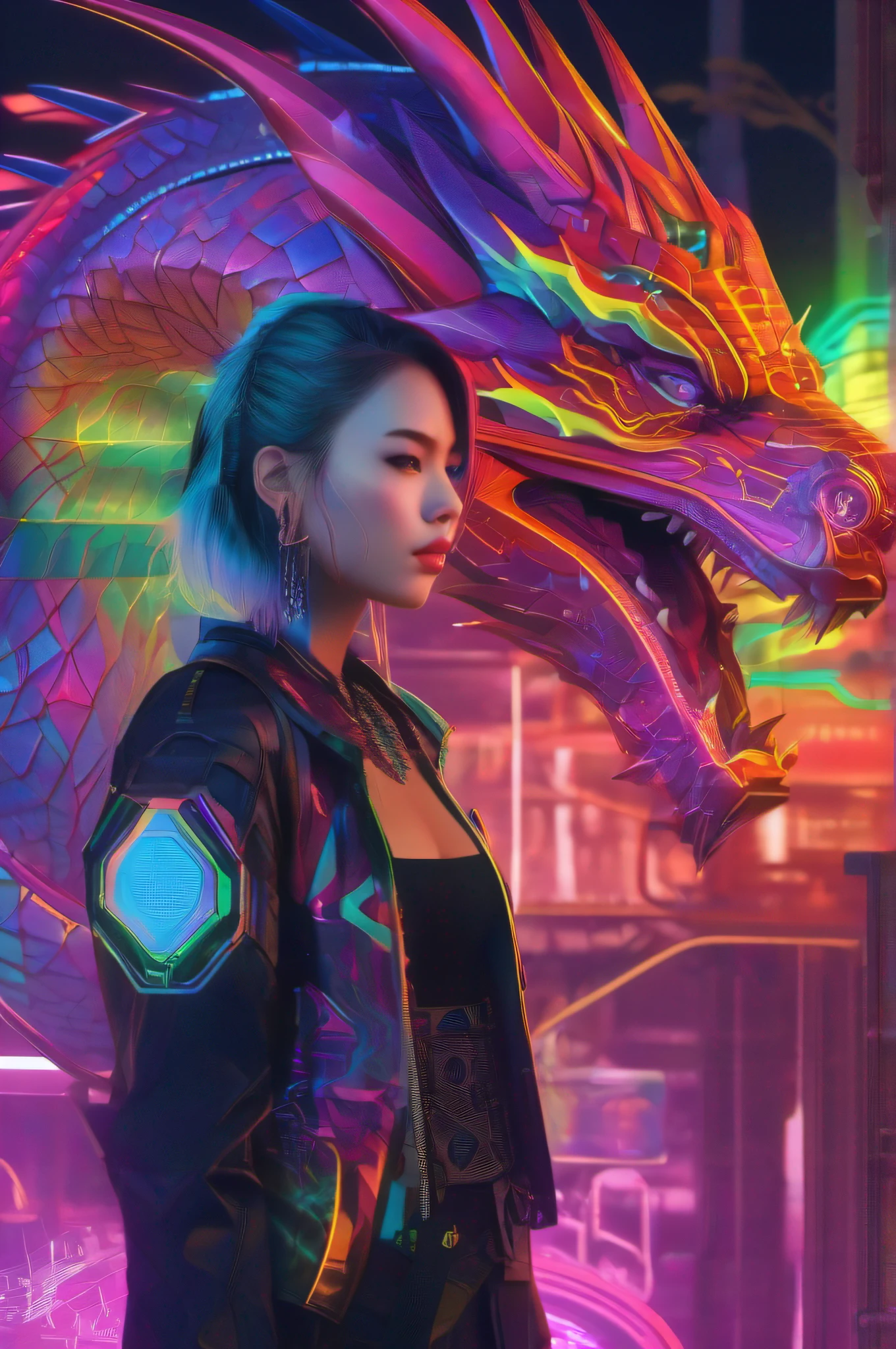 A woman stands next to a dragon, Chinese girl, cyber punk perssonage, Dragon in the background, Mechanical elements,Rainbow,holograph,drak