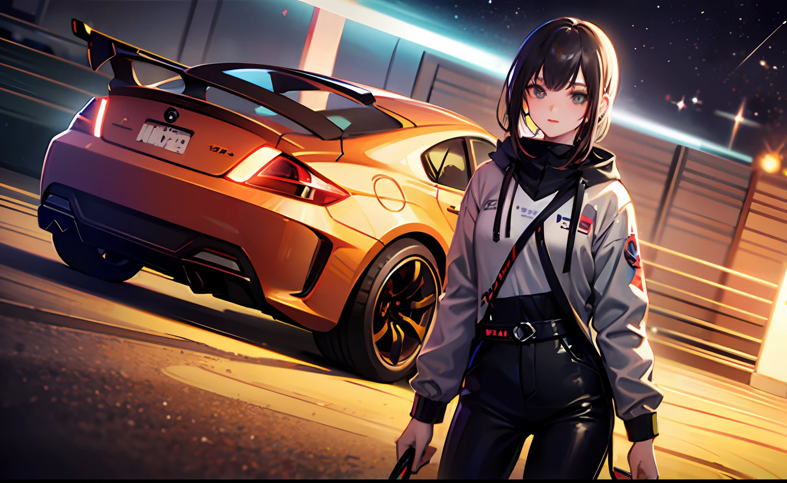 afternoon, 1 girl standing by car, cars, space suit, black car, clean spoiler, very detailed, glowing lights, cool car, badass car, rocket bunny, japan, jdm, car under glow, race track, (center frame), hires