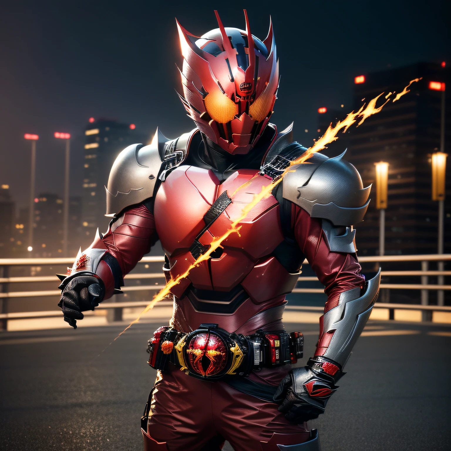 (8K、RAW、proffesional、top-quality)、(realisitic、Photorealsitic:1.2)、(Highest Detail Face:1.2)、Front lighting、A dark shadow threatened the city。Kamen Rider Scarlet_sun。Metallic body with white silver shining on deep red、Wearing a transformation belt、Burning with a Righteous Heart, He follows the minions of evil々Defeat。The battle rages、The Last Enemy Appears。Special Move(Crimson Smash)で、Kamen Rider illuminates the darkness。