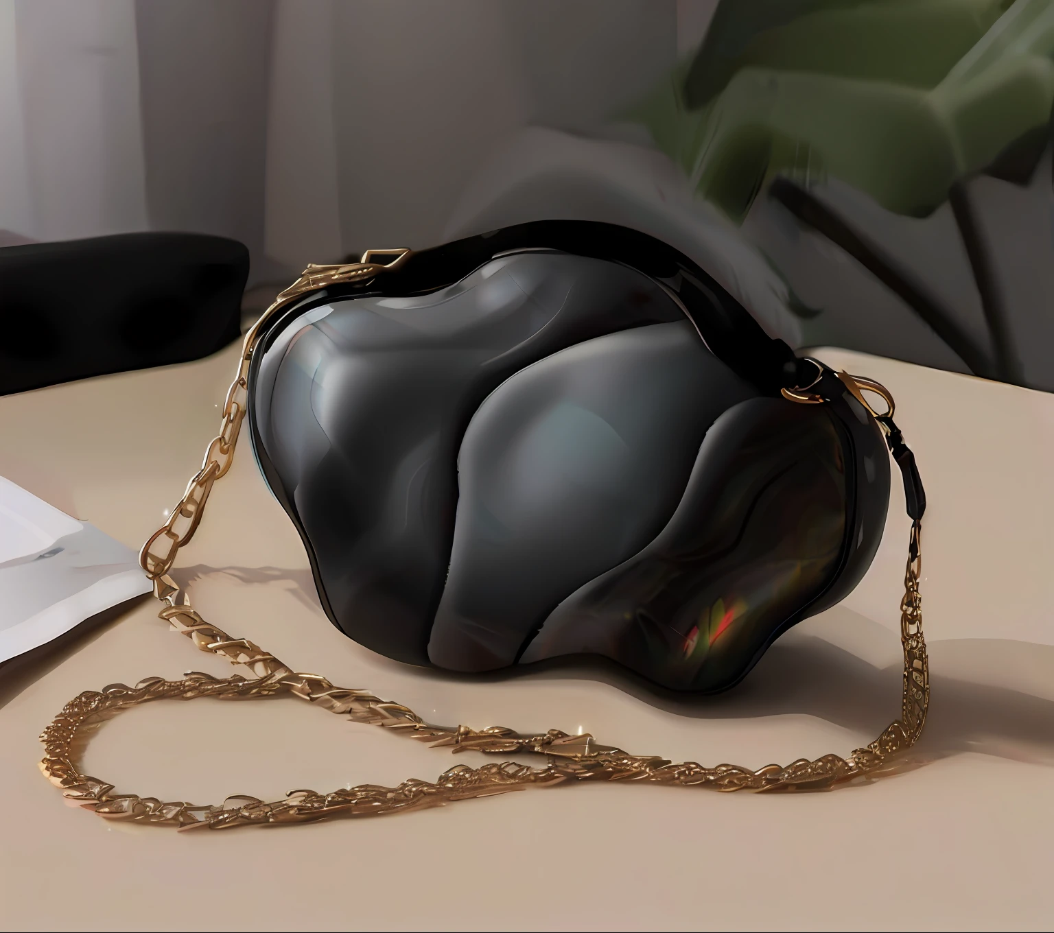 On the table is a black purse with a gold chain, Fluid bags, 2 0 2 0 fashion, exquisite black accessories, obsidian slime, black resin, the handbag is over a wood table, 手拿手提包, black fluid simulation, mysterious black slime, or black, 40k, 4 0 k, high quality rendering, Drip black iridescent liquid