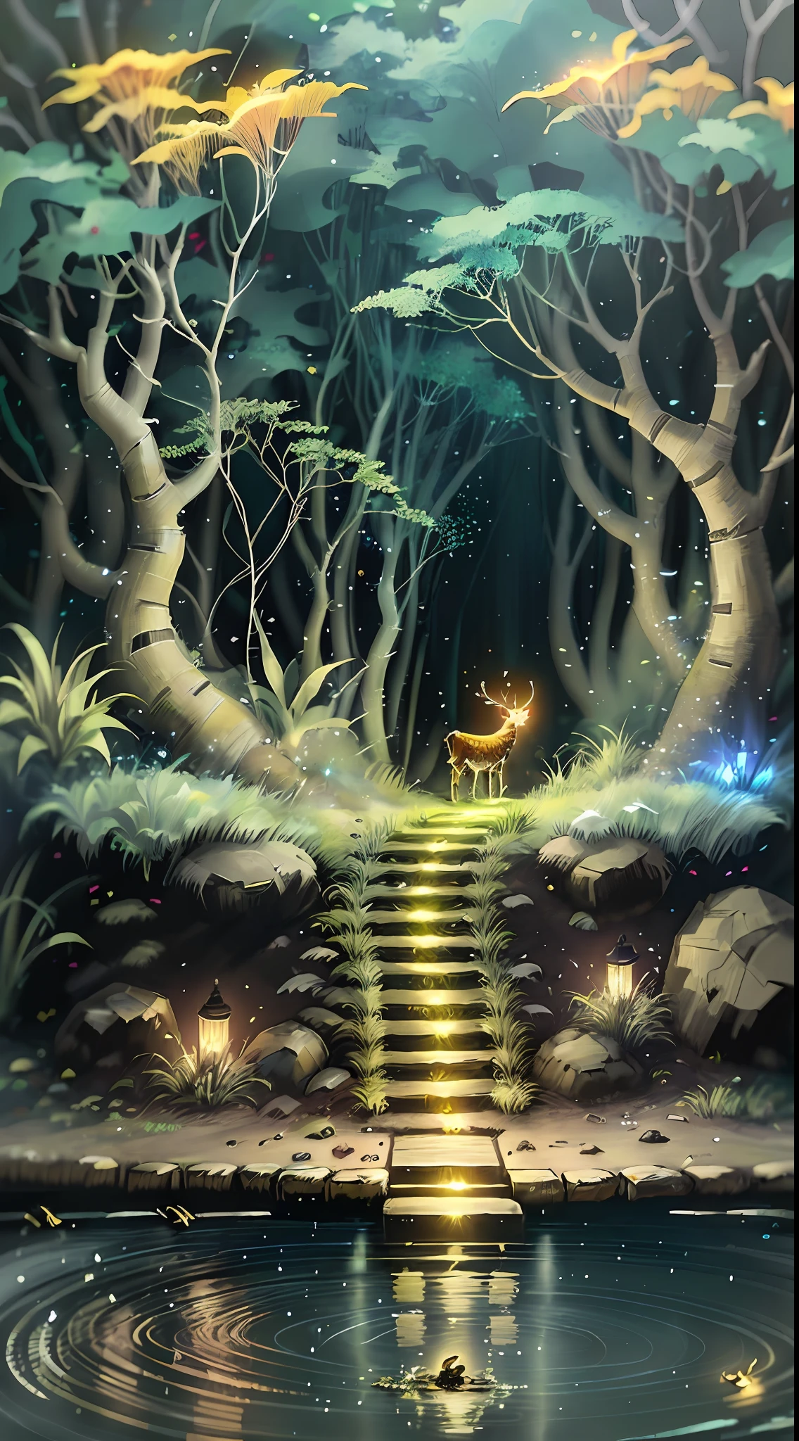 Masterpiece, best quality, (very detailed CG unity 8k wallpaper), (best quality), (best illustration), (best shadows), glow sprite, with a glowing deer, in the swimming pool Drinking water, natural elements in the forest theme. Mysterious forest, beautiful forest, nature, surrounded by flowers, delicate leaves and branches surrounded by fireflies (natural elements), (jungle theme), (leaves), (twigs), (fireflies), (particle effects) etc. 3D , Octane rendering, ray tracing, super detailed