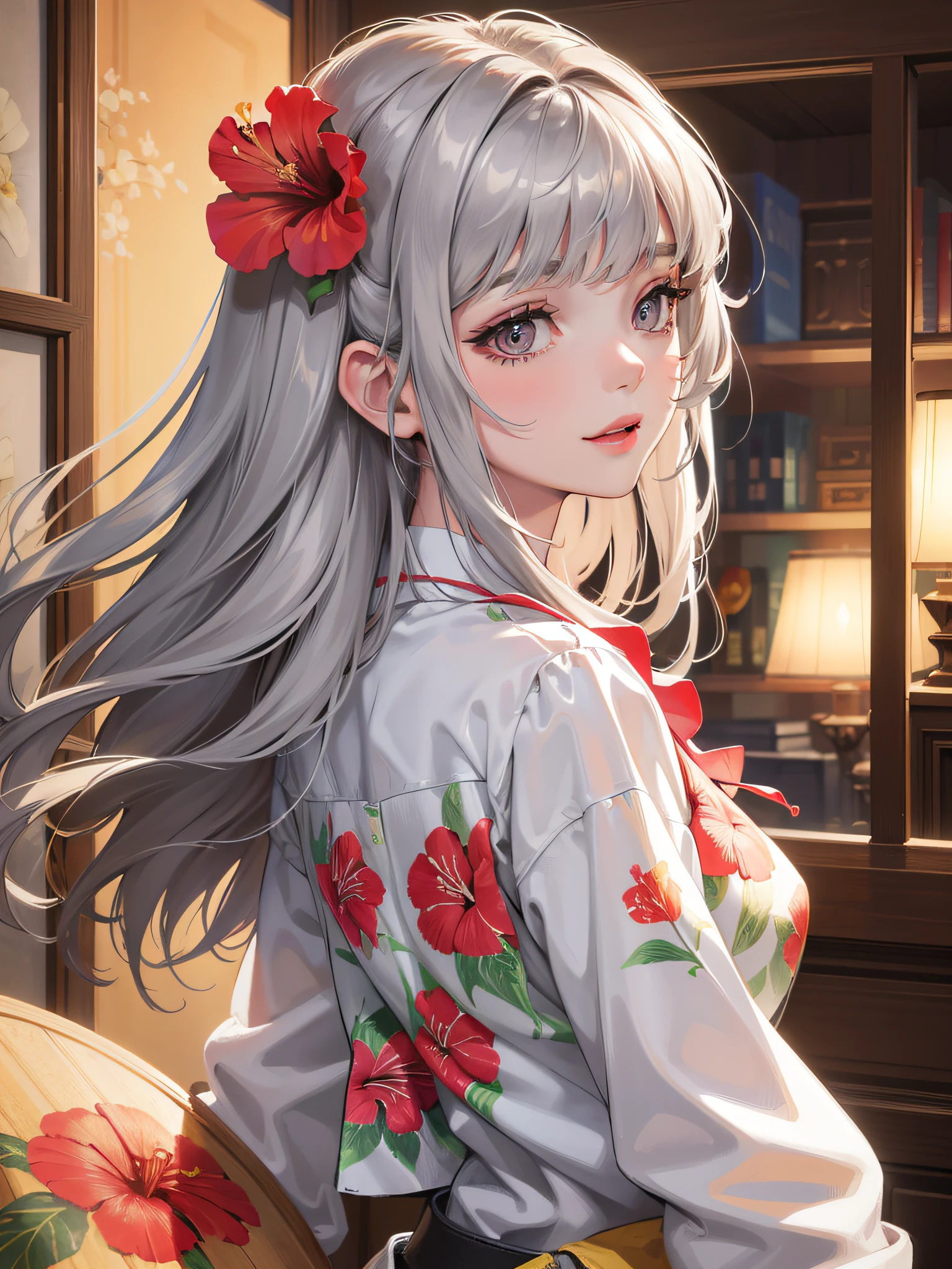 (Best Quality:1.2, 8K, Sharp Focus, master piece: 1.2, natural Light, extremely details CG, beautiful Girl:1.2, reality, Detailed face textures, Realistic skin, beautiful makeup, octane render, magnificent, Detailed bangs)), (depth of fields), Bokeh background, Smile, detailed brilliant brown and silver two-tone long hair, Cowboy Shot, (hibiscus print aloha shirt), wind, from side