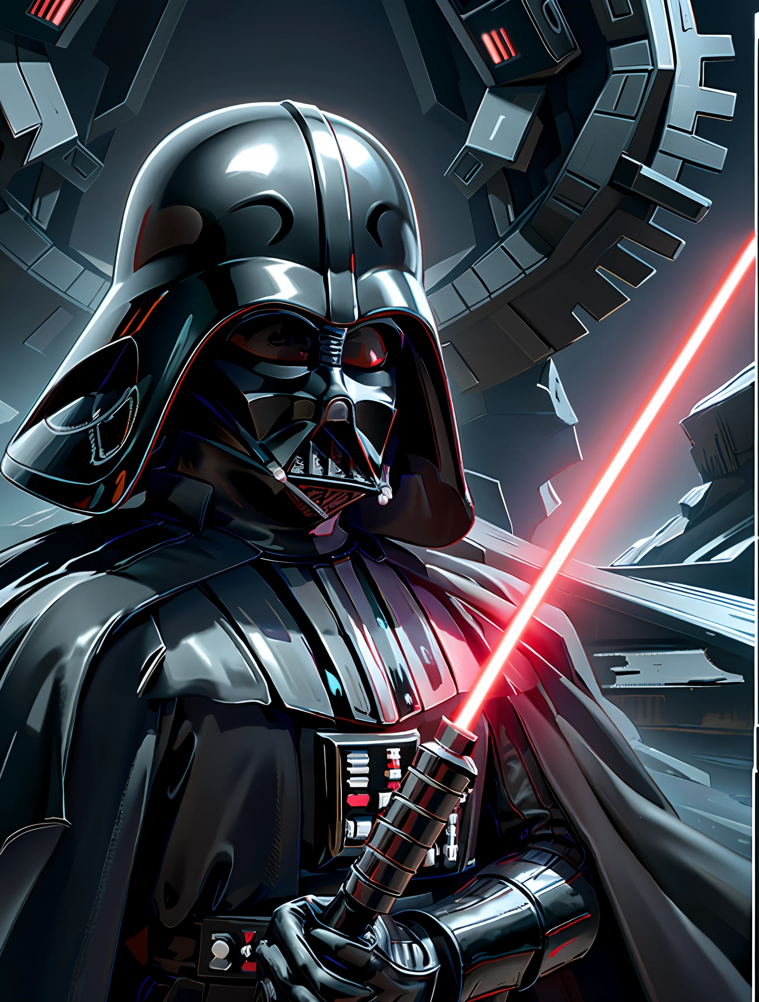 (Darth vader), star wars, holding light saber, menacing pose, warrior stance, ultra detailed uniform, 1boy, detailed light saber, detailed helmet, detailed armor, extreme high quality, intricate details, 4k , ultra hd, high resolution, fractal mechanical technological aesthetic art, dystopian sci fi art, mechanised art, aesthetic art, best composition best art, best quality, extreme details, fine quality, refined good quality, (masterpiece, top quality, best quality, official art, high quality art, high resolution concept art, beautiful and aesthetic:1.4), extreme detailed,(fractal art:1.4),highest detailed, extreme details on subject, ultra clear high quality, extreme detail background, cinematic background, extreme high quality background, highest quality background, ultra realistic detailed, extreme resolution