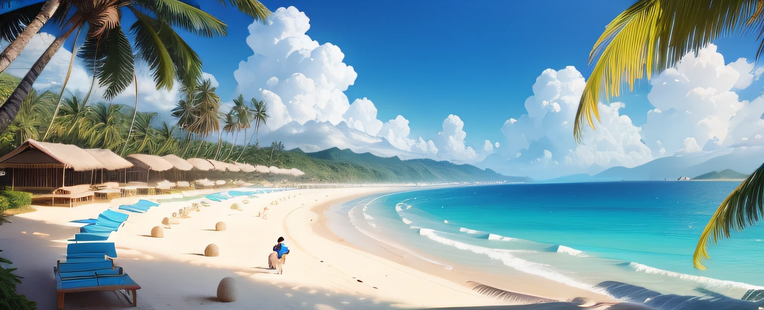 blue-sky,baiyun,Yellow sandy beach,Lots of coconut trees,Holiday,Scenic beauty,Left and right composition,high saturated,blue colors,Beach foreground