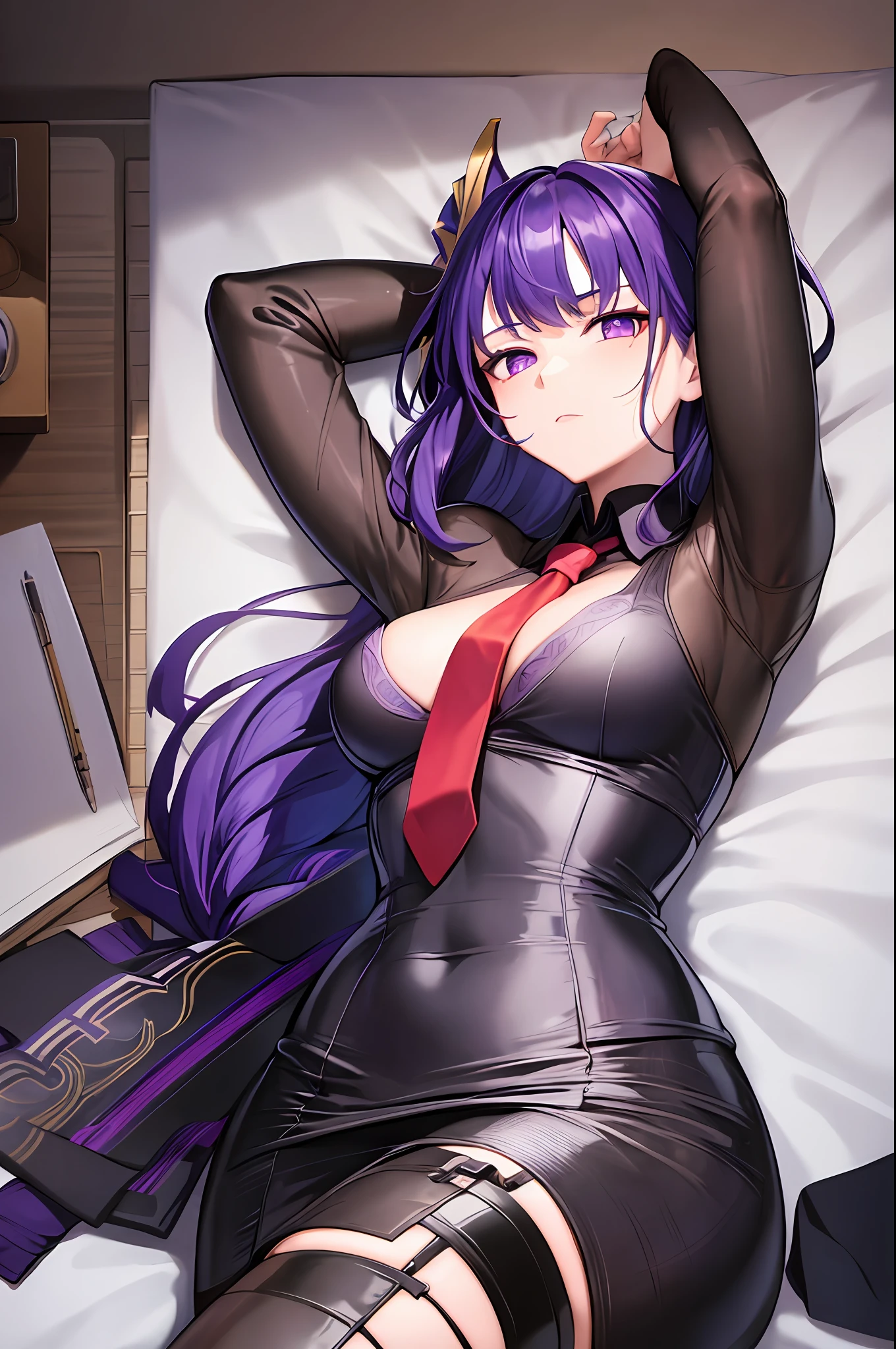 1raiden shogun, black shirt,purple hair,red necktie, lying,on back,bed,arms up,military uniform,small breasts, pencil skirt,masterpiece, highres, best quality