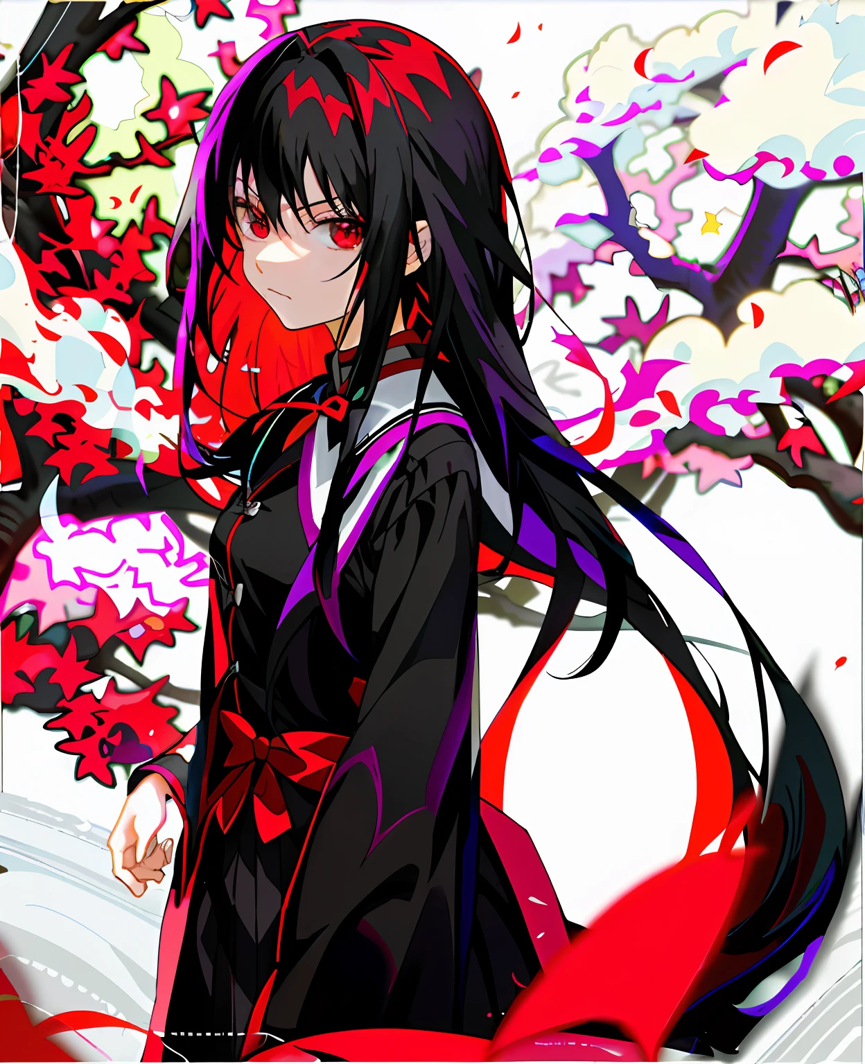 Anime girl with long black hair and red eyes standing in front of a tree, author：Hosomura Kane, inspired by Jin Homura, (Anime girl), tohsaka-rin, Anime moe art style, :14 80s anime style, Anime girl with long hair, with red glowing eyes, drak, anime wallaper, Anime girl wearing black dress