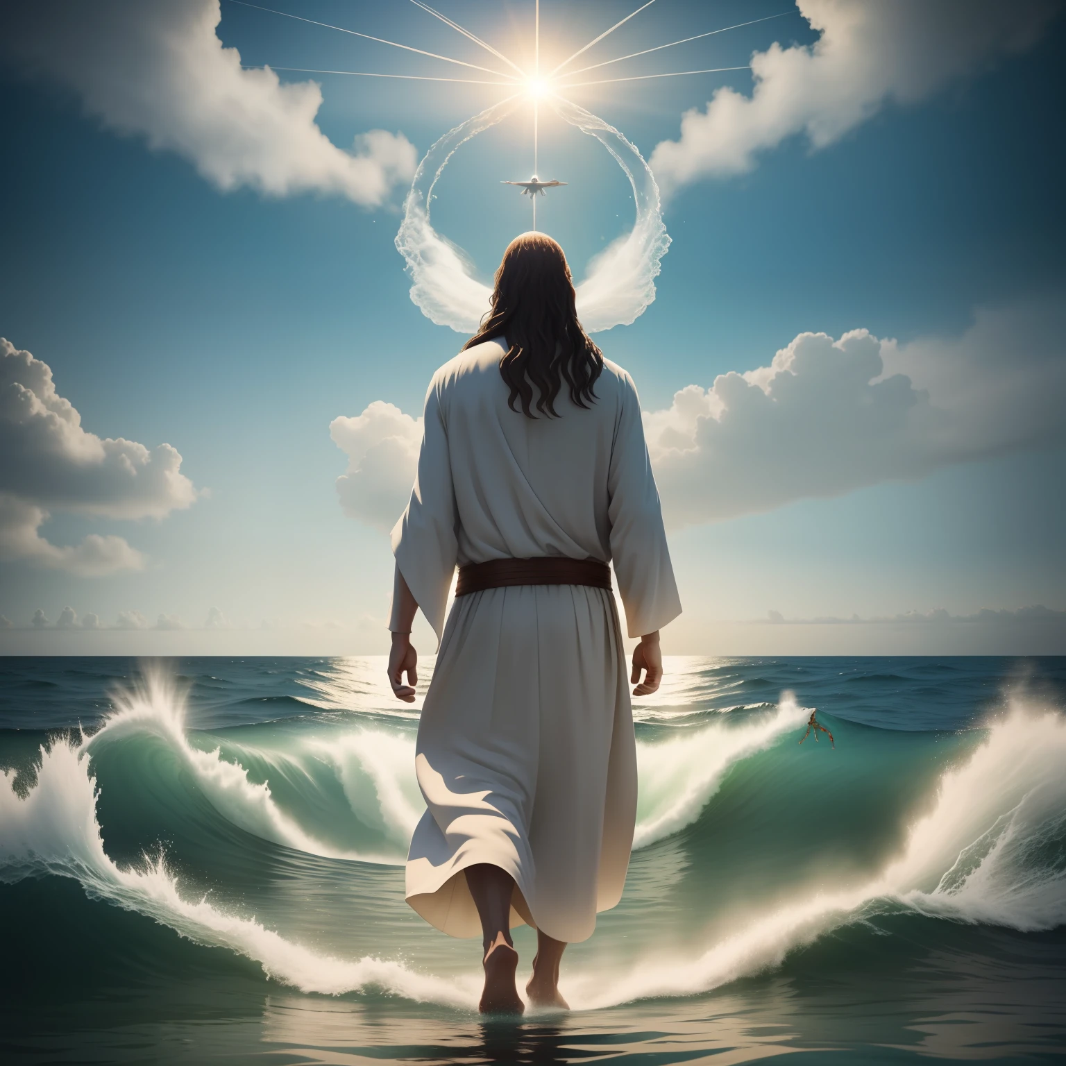 Jesus walking on water with a flying cloud in the background, Jesus walking on water, biblical illustration, epic biblical representation, forcing him to flee, coming out of the ocean, ! holding in hand!, disembarking, god of the ocean, beautiful representation, 8k 3D Model, realistic