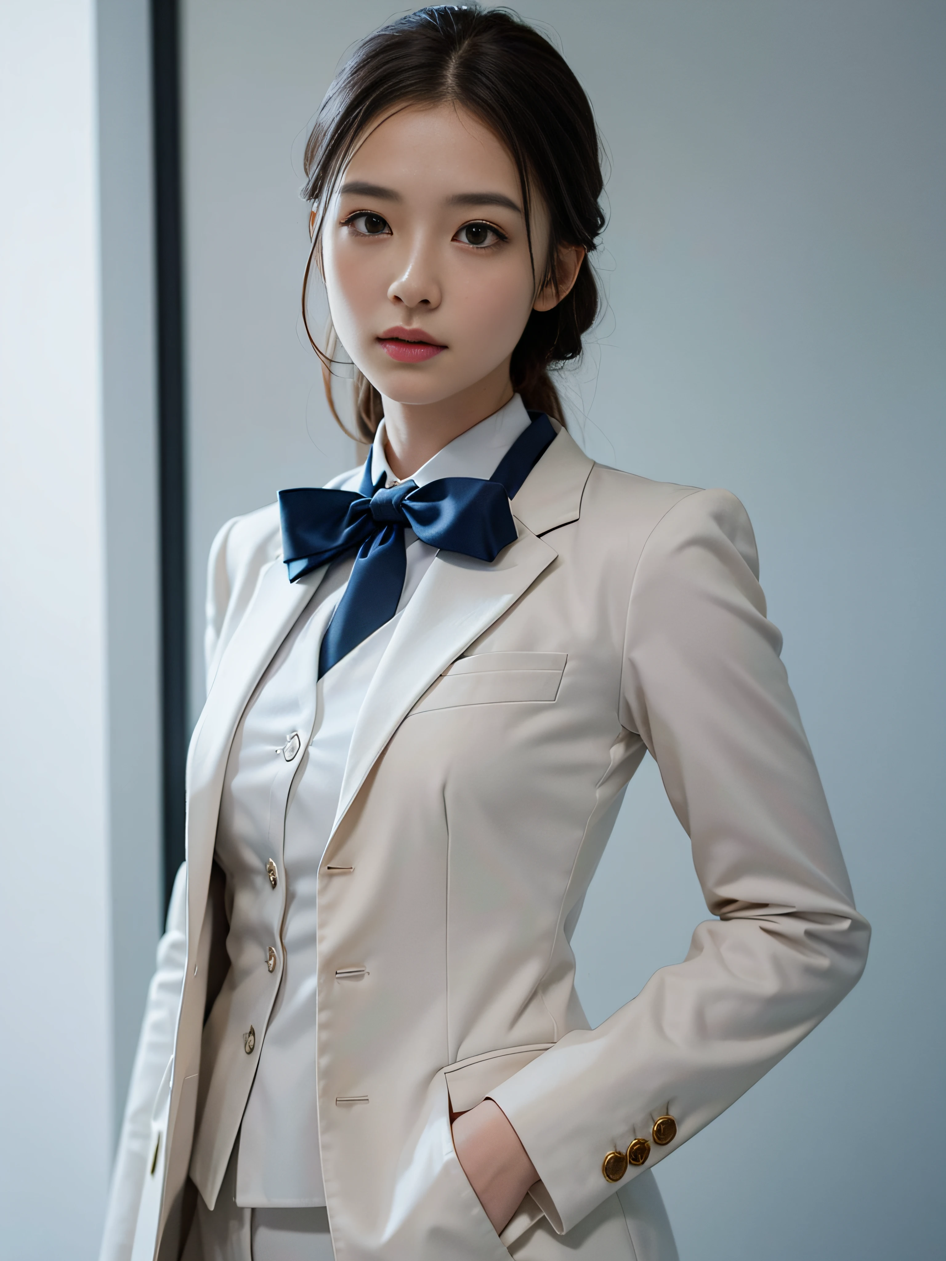 a woman standing in suit and tie, body and head straight in the photo, facing the viewer of the photo, eyes fixed to the lens, appears shoulders and head in the photo, woman centered in the photo, 8k, best quality, masterpiece, realistic, realistic photo, movie photo, ultra realistic, 1 person, detailed, perfect lighting, DSRL, professional photo, 4k, Blue lighting