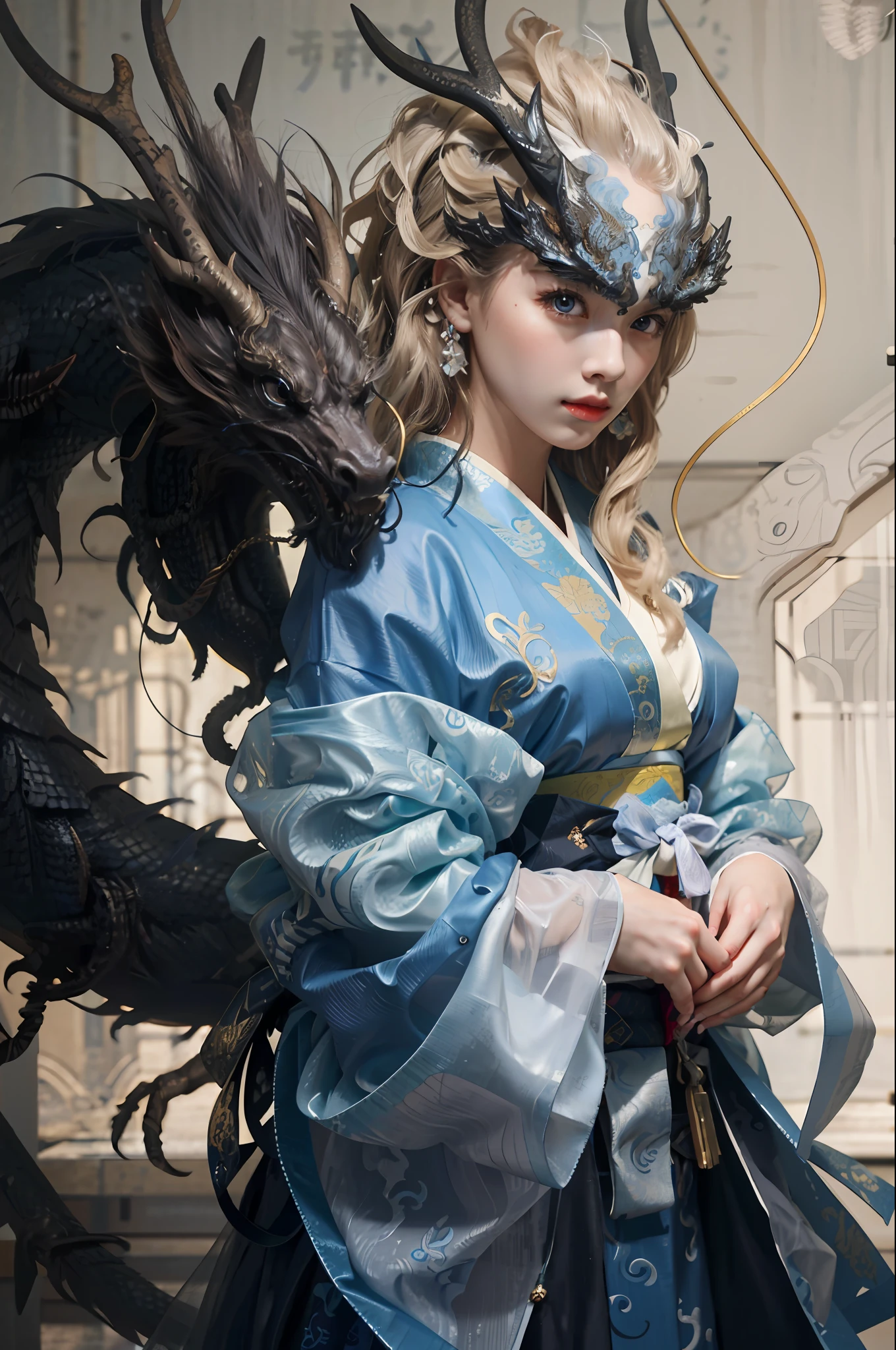 A masterpiece, of the best quality, realistic, realistic, this painting depicts a woman standing next to a dragon. The whole painting uses a cute and realistic portrait (styled kawaii realistic portrait) with dark blue eyes. Long hair fluttering and cute (cute:2). The whole painting shows excellent photorreal details, light and shadow tracing, rich details, close-up of a woman in kimono with a dragon, cyan Chinese dragon, dragon girl portrait, dragon inspired cloth robe, Chinese girl, flowing black long hair, dragon girl, dragon in background, black dragon, hanging ornaments, Chinese fantasy,loong