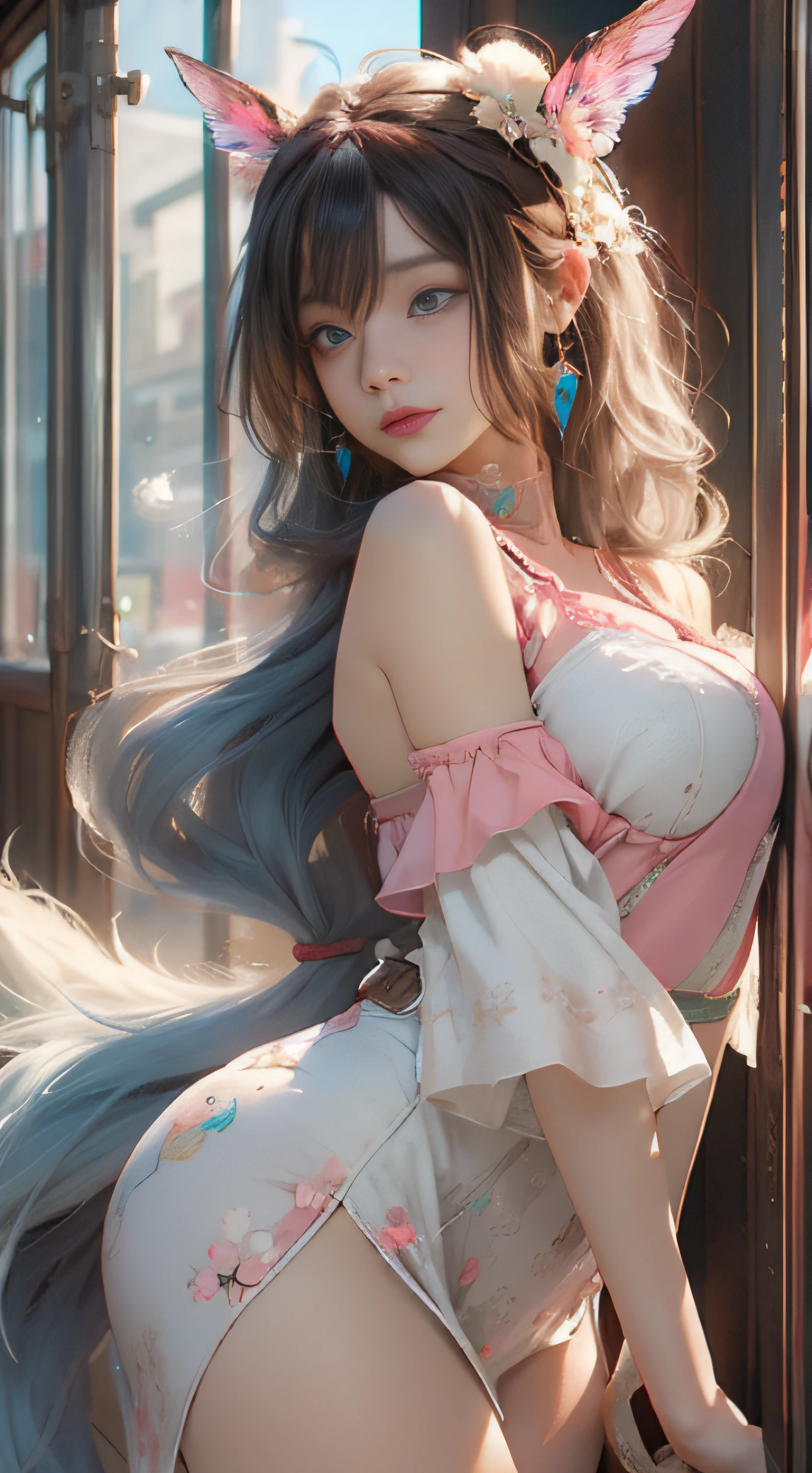 ((best qualtiy)), ((tmasterpiece)), (detail:1.4), Beautiful cyberpunk female images,hdr(HighDynamicRange),Ray traching,NVIDIA RTX,Hyper-Resolution,illusory 5,sub surface scattering,PBR textures,post-proces,Anisotropy Filtering,depth of fields,maximum definition and sharpness,Many-Layer Textures,Albedo e mapas Speculares,Surface coloring,Mitsu-Accurate simulation of material interactions,perfectly proportioned,rendering by octane,Two-colored light,largeaperture,Low ISO,White balance,Rule three points、8K raw data、Beautiful bright blue pupils,off-the-shoulder clothes,Fine pupils,Delicate face and eyes,long eyelasher,Blushlush,Delicate and fluffy hair,pink lip,Pure,Cute face,Sweet girl,Artistic sense,Casual wear,Advancedsense,butterflys,Cherry blossom petal,Beautiful hair accessories,Long hair and waist,Hair fluttering in the wind,Snow-white fox ears,curlies,Snow-white fluffy tail,Positive light,The light from the back window is backlighted