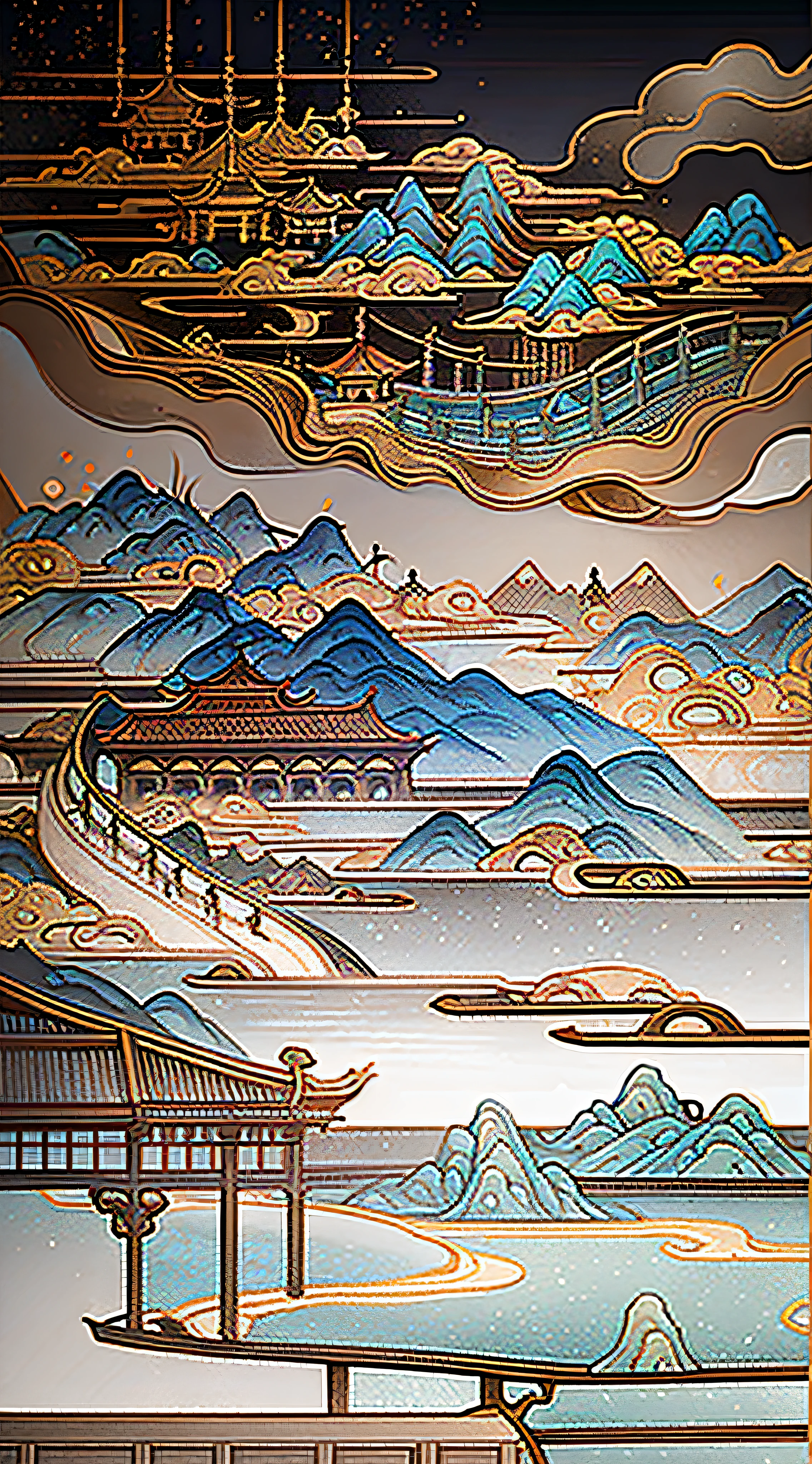 An ancient Chinese painting, ancient Chinese background, mountains, rivers, auspicious clouds, pavilions, sunshine, masterpieces, super detail, epic composition, ultra HD, high quality, extremely detailed, official art, unified 8k wallpaper, Super detail, 32k -- v 6