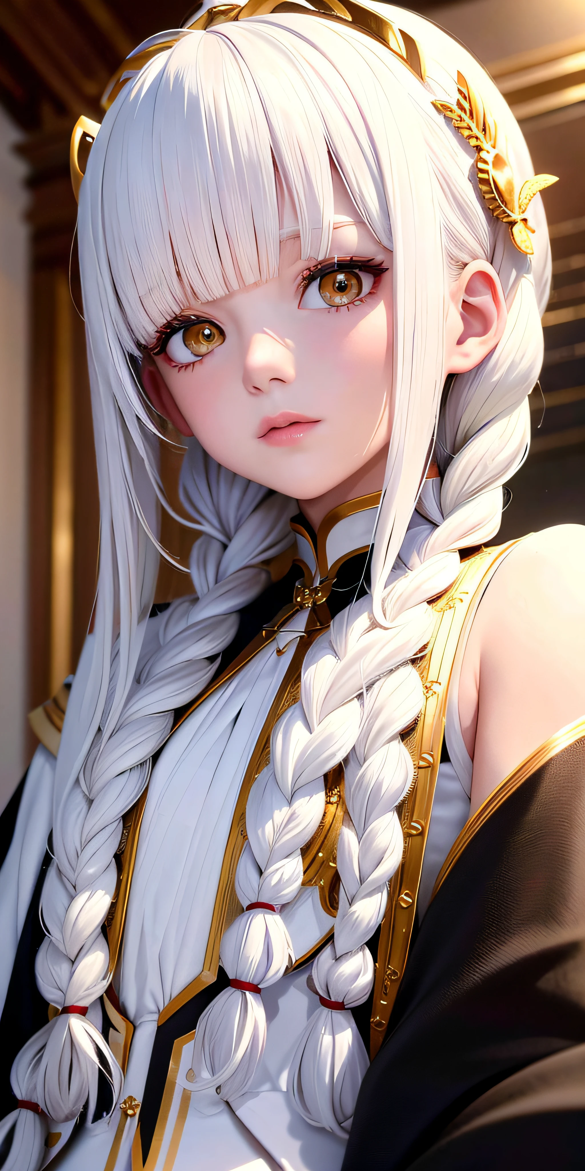 best quality, masterpiece,white hair, gold eyes,white clothes, looking up, upper body,hair strand,Fair skin,side braids