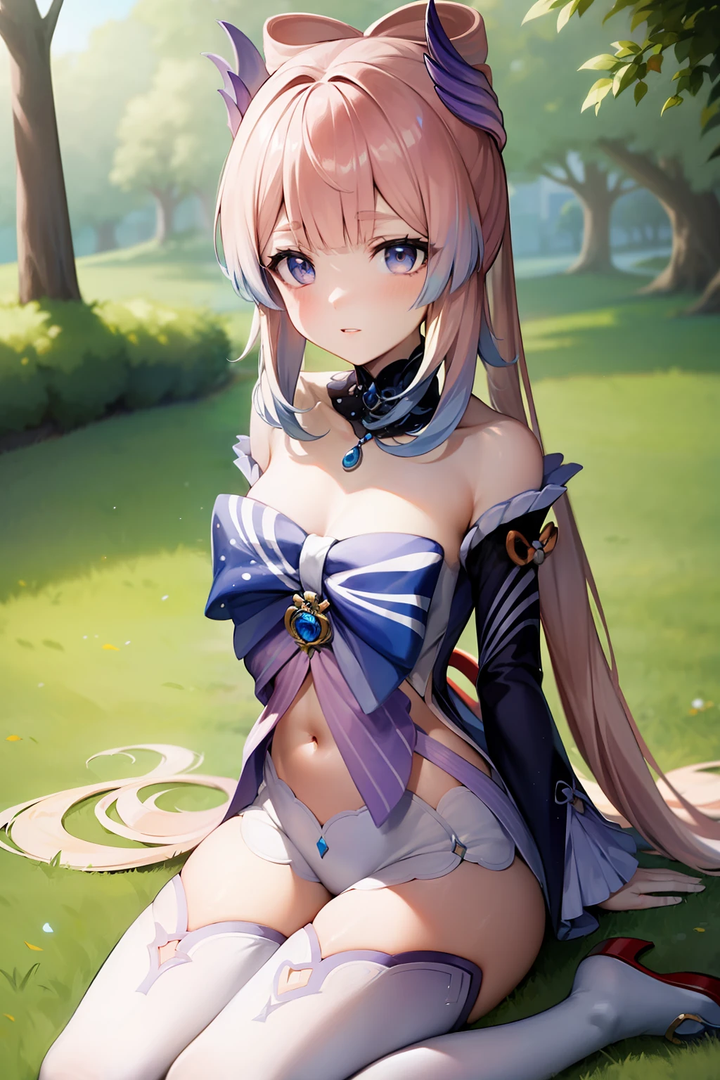 (masterpiece), best quality, expressive eyes, perfect face,w sitting, w sitting on ground, arm between legs, both arm between legs, anime character,genshin impact,woman,kokomidef,kokomirnd