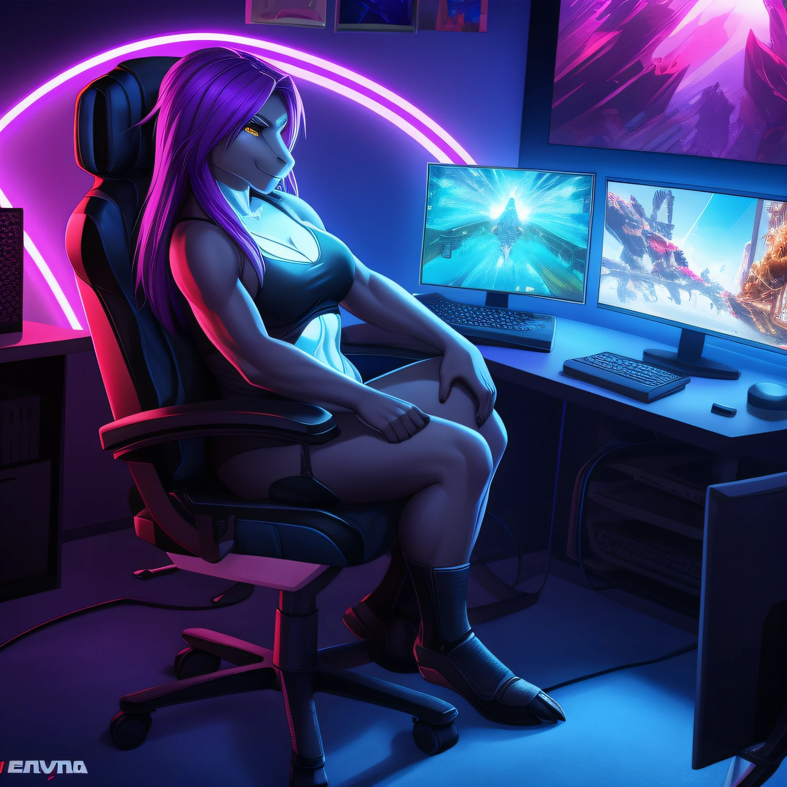 Female Allosaurus with purple hair sitting on a gaming chair next to a computer, на мониторе игра Path of Titans, neon lighting, Very cool