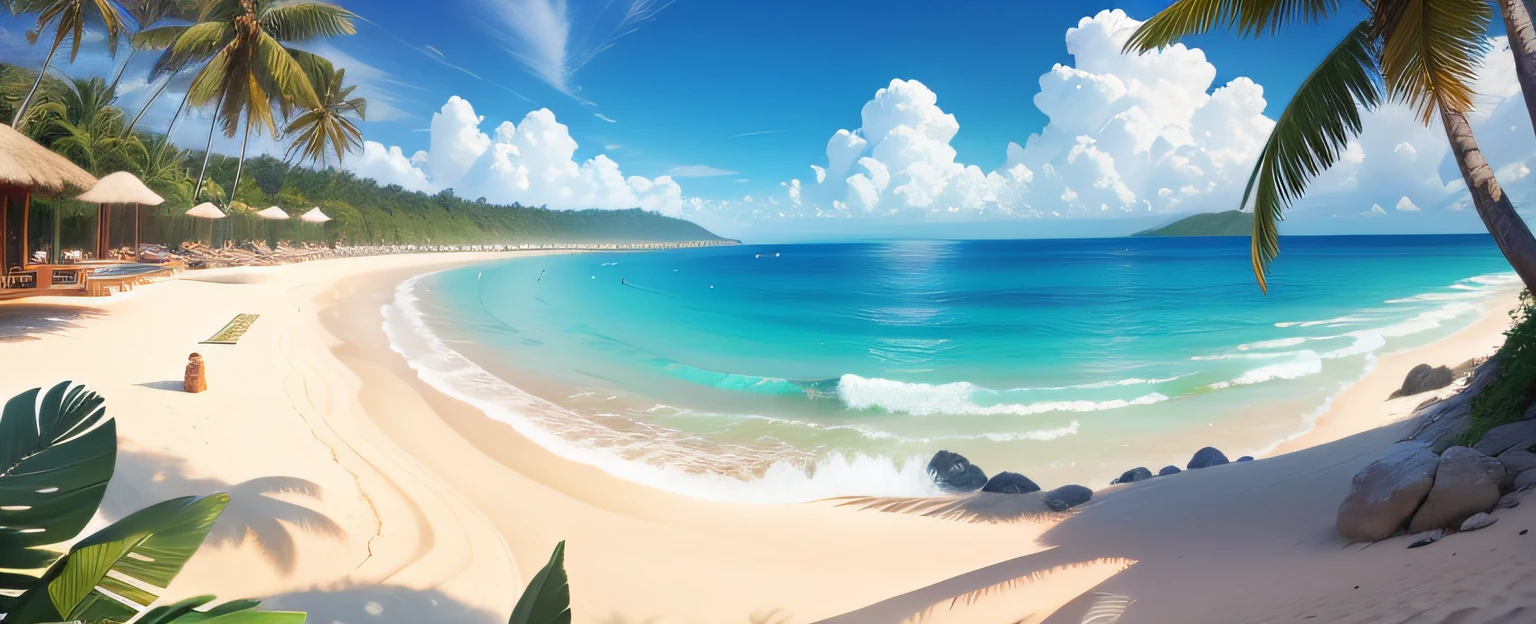 blue-sky,baiyun,Yellow sandy beach,Lots of coconut trees,Holiday,Scenic beauty,Left and right composition,high saturated,blue colors,Beach foreground