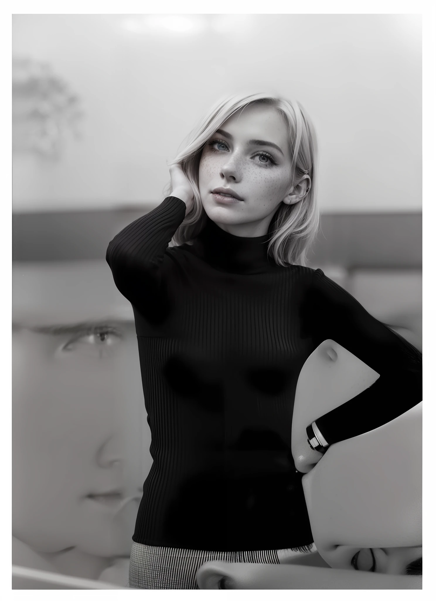 Rosto de uma mulher, americana, 30 anos, pale skin and freckles, olhos cinzas, nariz delicado, soft and delicate lips, cabelo blondie cinza longo e ondulado, ultrarrealista HD fotorrealista altamente renderizado sorriso cativante