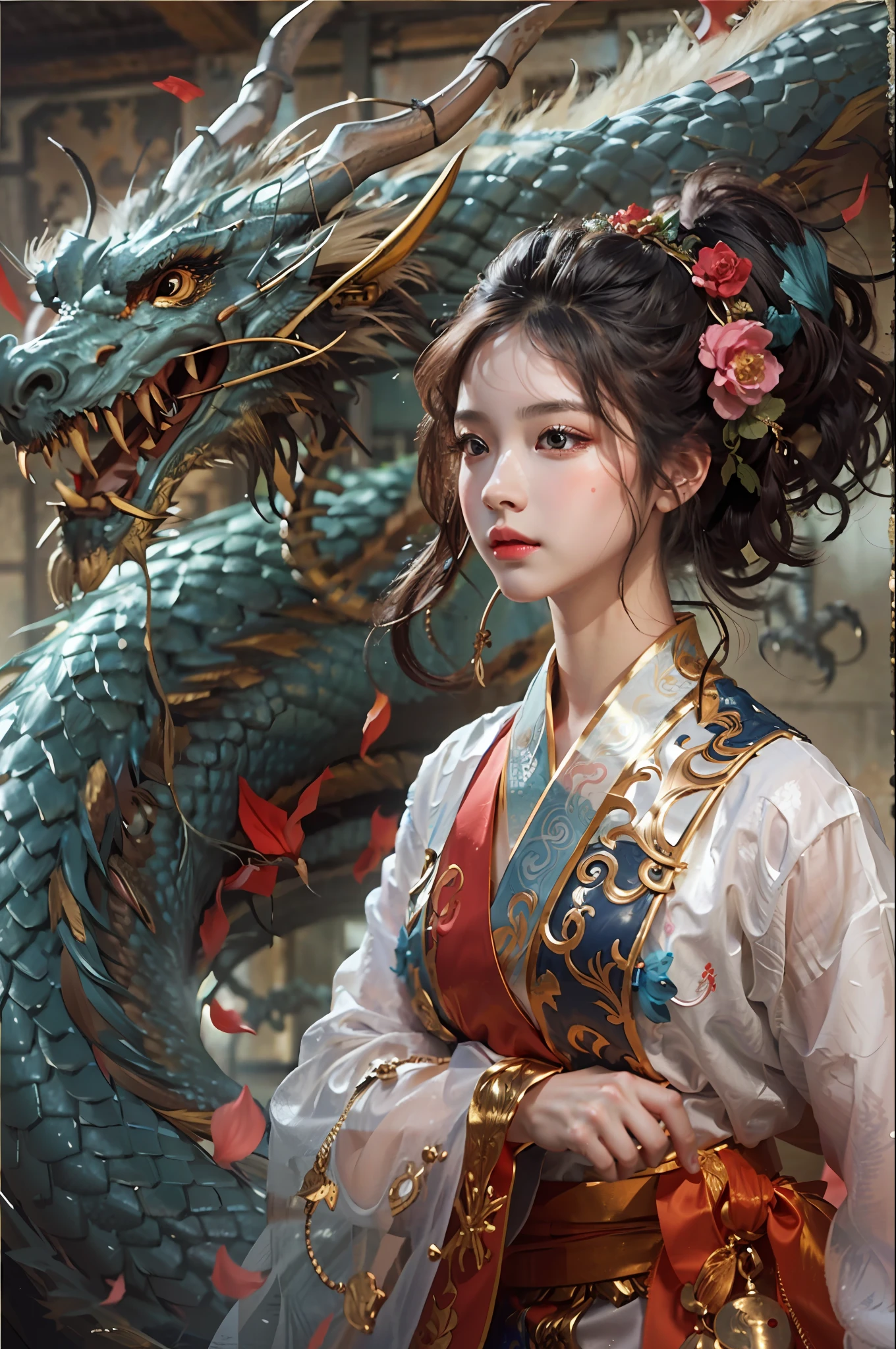 A masterpiece, Best quality at best, Realistic, Realistic, The painting depicts a woman standing next to a dragon. The whole painting adopts cute and realistic portraits (styled kawaii realistic portrait) ，Water spirit's eyes. Long hair fluttering and cute (Cute:2). The whole painting shows excellent realistic detail, Light and shadow tracking, rich details​, Close-up of a woman in Han costume with a dragon, Chinese dragon, Portrait of the Dragon Woman, dragon-inspired cloth robes, Chinese girl, long and flowing hair, Dragon girl, dragon in the background, drak, Hanging ornaments, Chinese fantasy，red colour:1.5，Flame style，loong