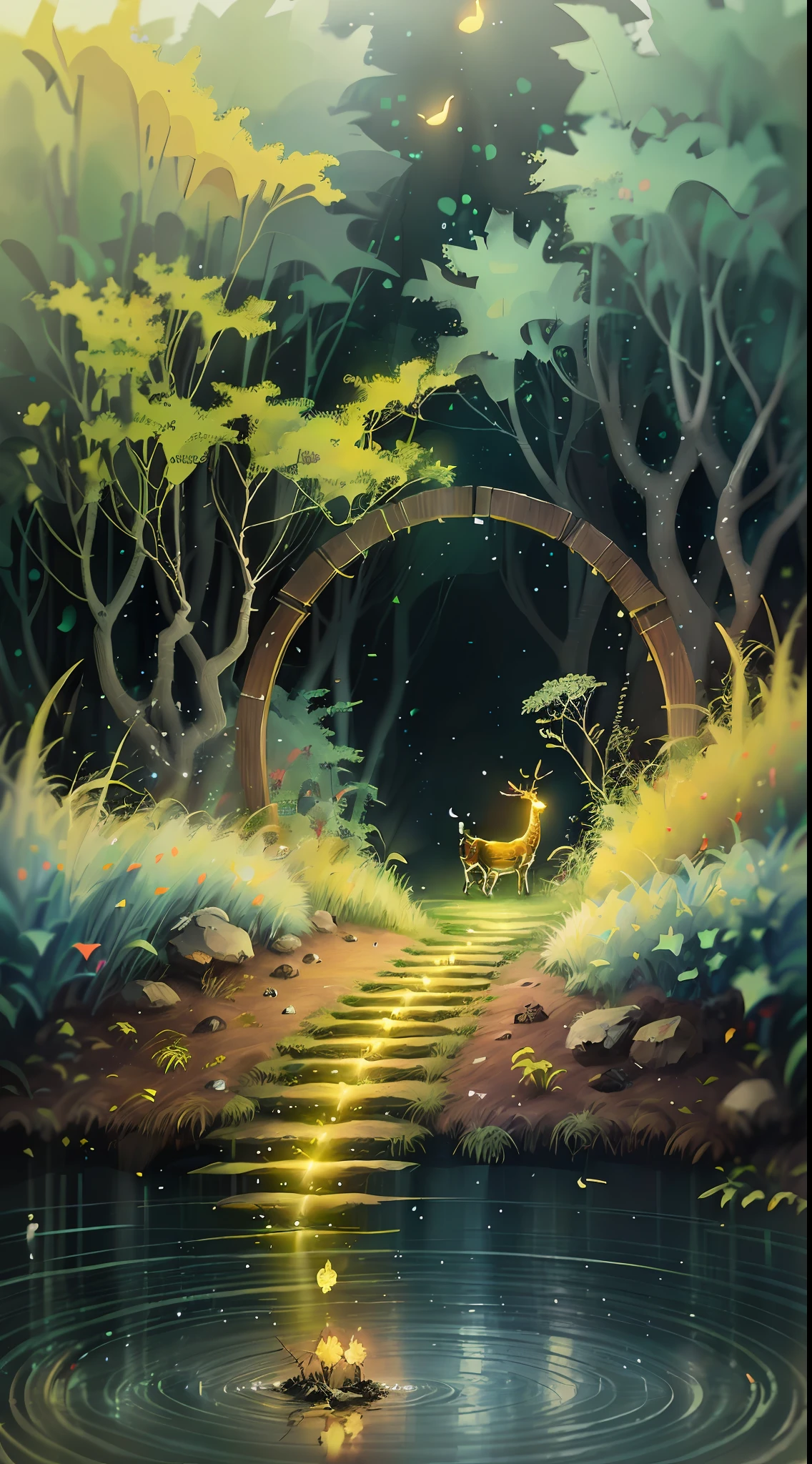 Masterpiece, best quality, (very detailed CG unity 8k wallpaper), (best quality), (best illustration), (best shadows), glow sprite, with a glowing deer, in the swimming pool Drinking water, natural elements in the forest theme. Mysterious forest, beautiful forest, nature, surrounded by flowers, delicate leaves and branches surrounded by fireflies (natural elements), (jungle theme), (leaves), (twigs), (fireflies), (particle effects) etc. 3D , Octane rendering, ray tracing, super detailed