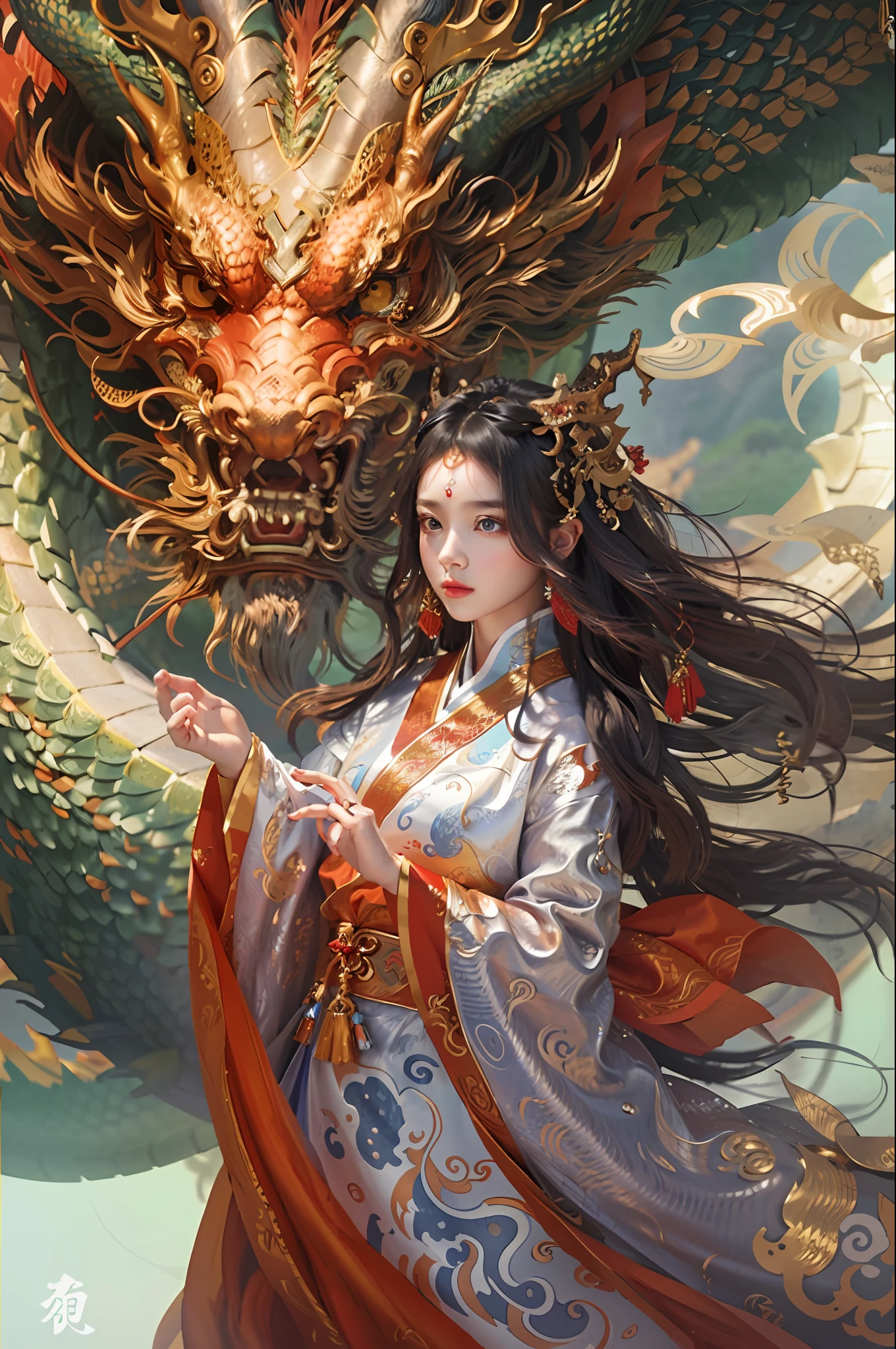 A masterpiece, Best quality at best, Realistic, Realistic, The painting depicts a woman standing next to a dragon. The whole painting adopts cute and realistic portraits (styled kawaii realistic portrait) ，Water spirit's eyes. Long hair fluttering and cute (Cute:2). The whole painting shows excellent realistic detail, Light and shadow tracking, rich details​, Close-up of a woman in Han costume with a dragon, Chinese dragon, Portrait of the Dragon Woman, dragon-inspired cloth robes, Chinese girl, long and flowing hair, Dragon girl, dragon in the background, drak, Hanging ornaments, Chinese fantasy，red colour:1.5，Flame style，loong