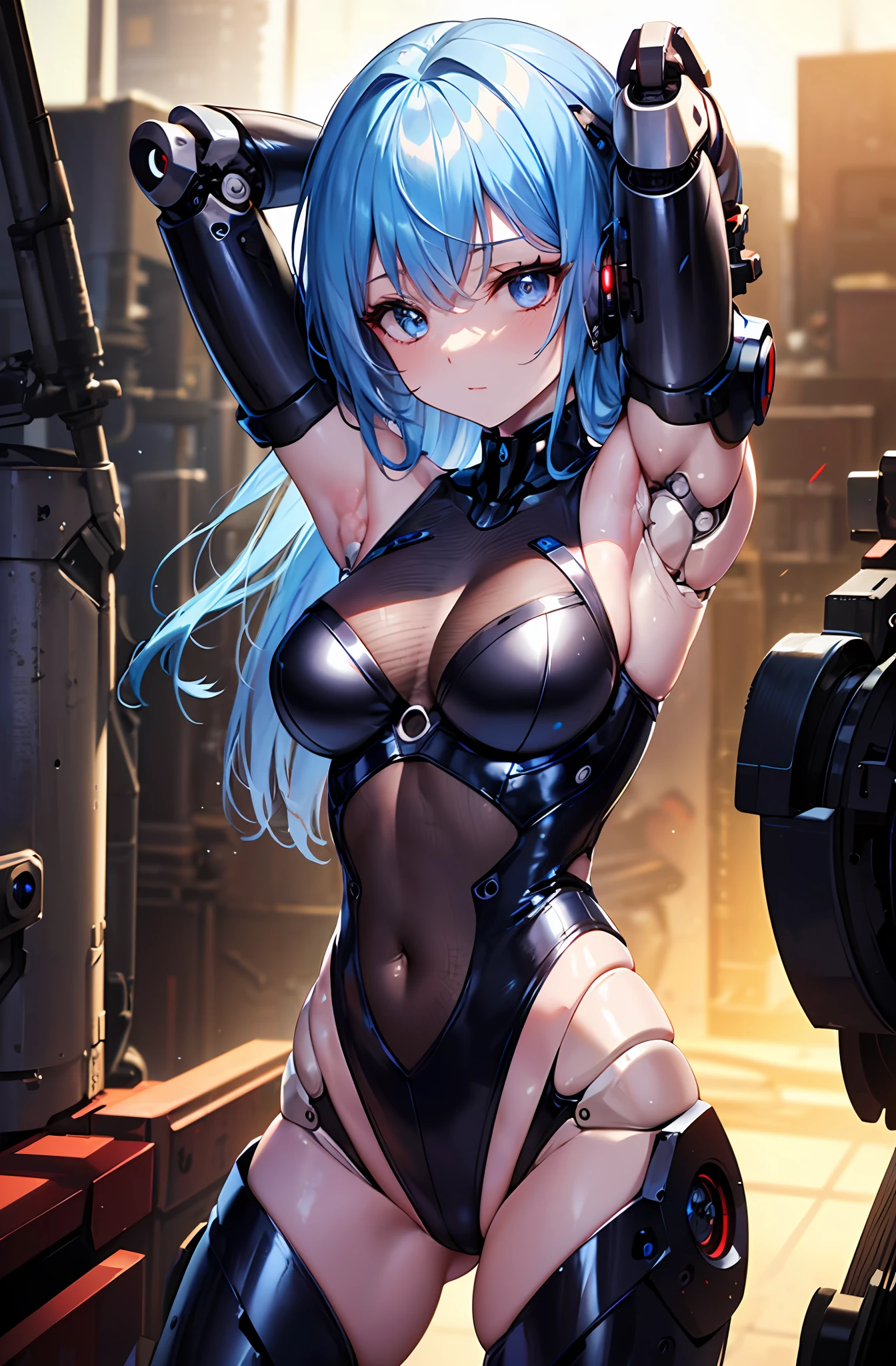 Top quality, super detailed, Super detailed details, fine detail, incredibly beautiful, robot, beautifully detailed eyes, (feminine machine body), (machine joints, machine limbs:1.3), mechanical skin, (Machine internal structure exposure:1.2), (red long hair), (mechanical leotard), (exposed armpits, exposed groin), cowboy_shot, side focus, shiny, (arms behind head, armpits), (cyber tech punk mask:1.1), cyber punk city,