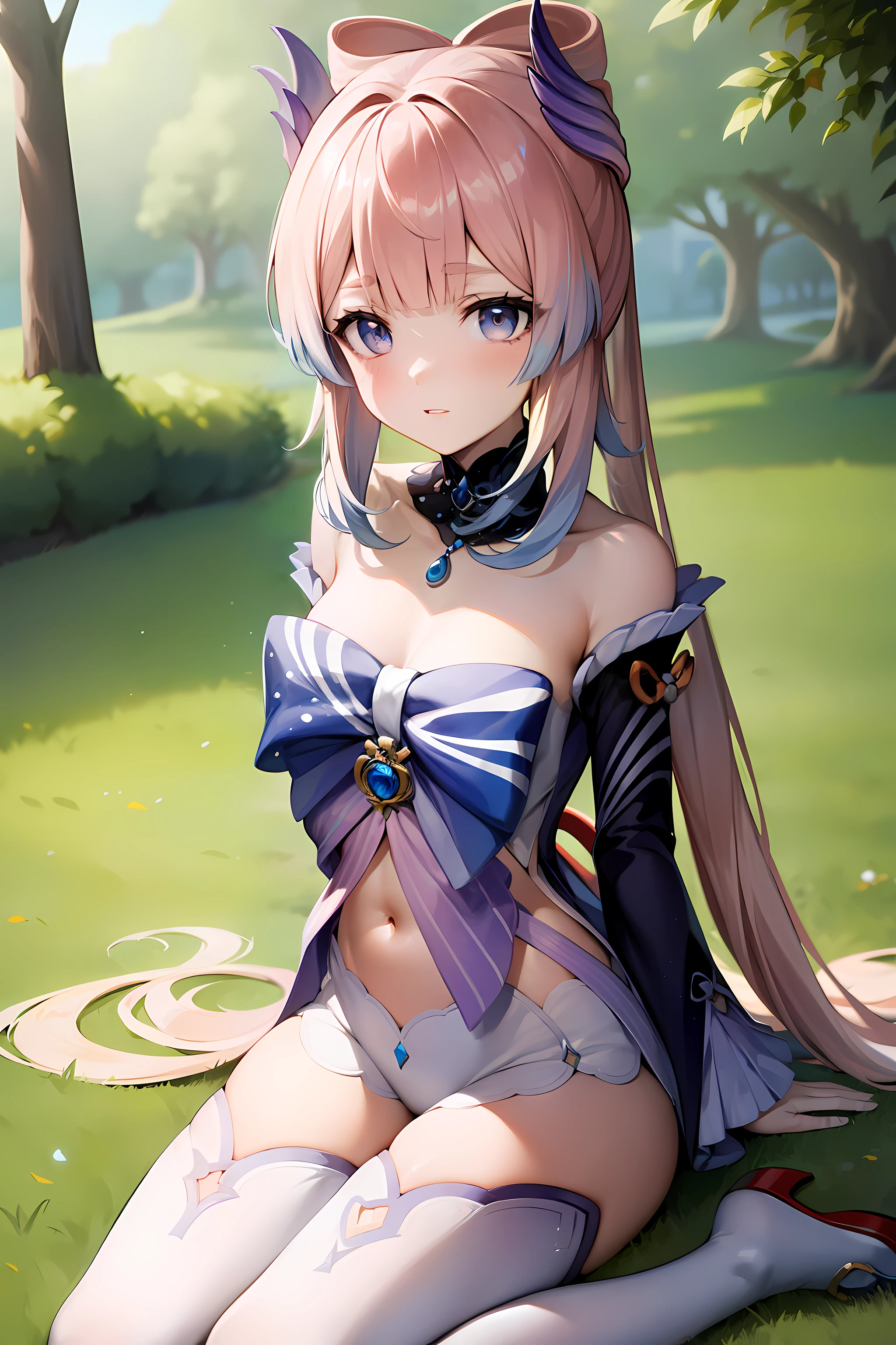 (masterpiece), best quality, expressive eyes, perfect face,w sitting, w sitting on ground, arm between legs, both arm between legs, anime character,genshin impact,woman,kokomidef,kokomirnd