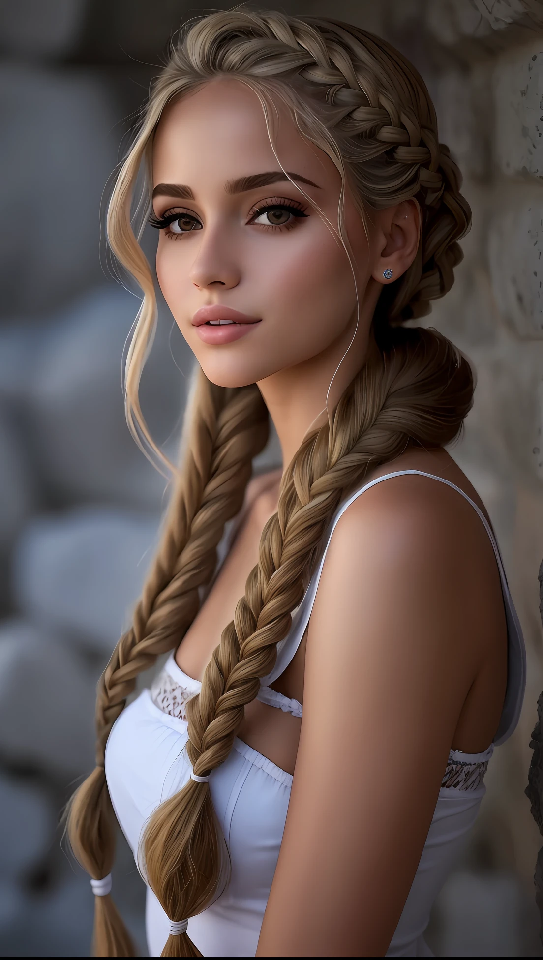 mulher argada com cabelos longos e um top branco posando para uma foto, blonde braids and Brown eyes, menina modelo bonita, modelo bonito da menina, lindo modelo jovem, penteado pigtails, menina jovem bonita, rabo de porco longo, modelo bonito, menina muito bonita, modelo muito bonito, menina loira bonita, Taran Dasha, girl with plaits, peitinhos grandes, seios grandes,