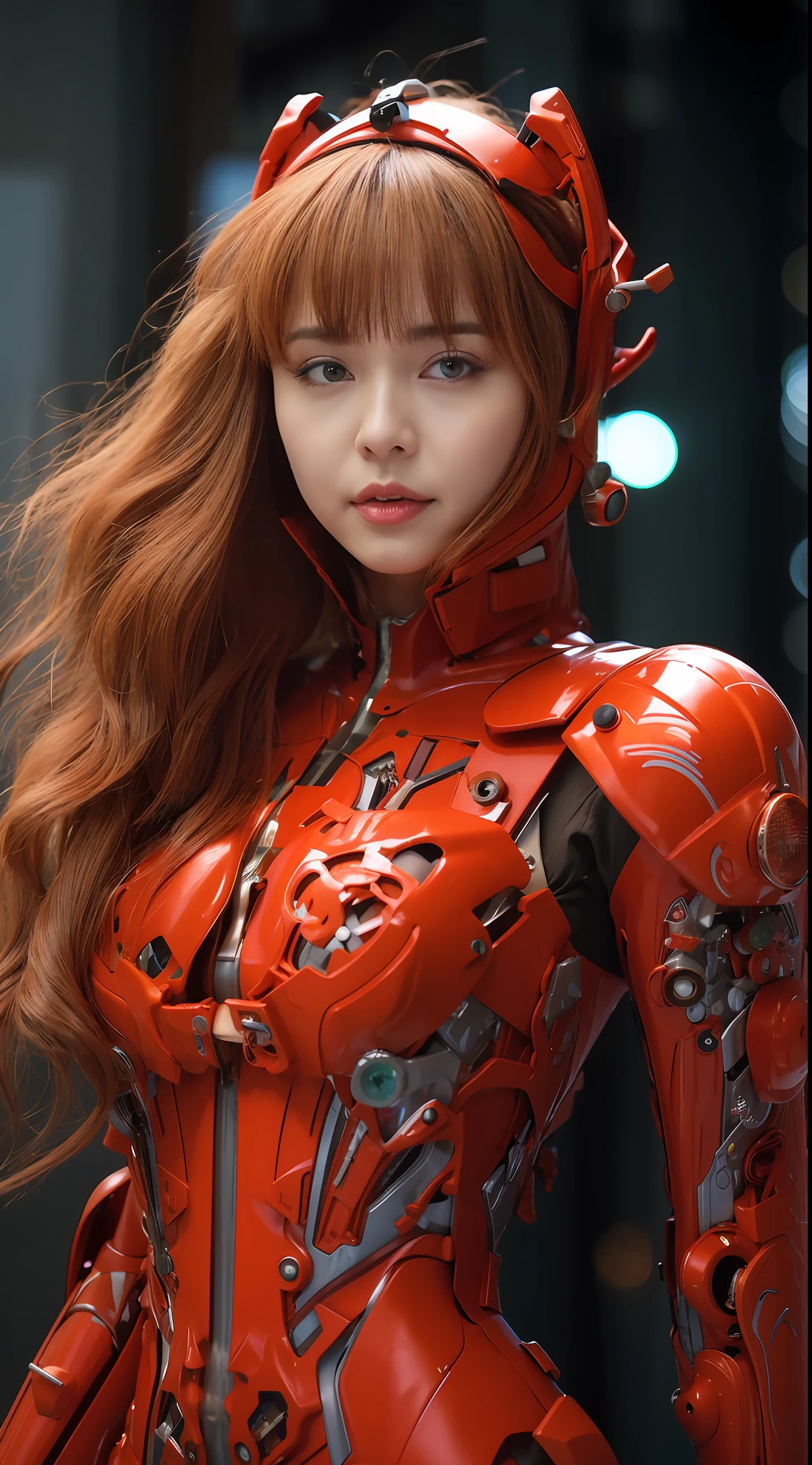 A beautiful Japanese actress,wearing a EVA 03-style Red and orange latex coat,Role playing Asuka Langley Soryu,full-body cosplay,Delicate Face, Stunningly Beautiful, Combat Pose,High Detail Skin, Realistic Skin Detail, Visible Pore,The photograph is taken with a Nikon D850 and a Nikon AF-S NIKKOR 70-200mm f/2.8E FL ED VR lens, using settings of f/8.0 aperture, 1/200 sec shutter speed, and ISO 400, DSLR Camera, High Quality, Fair Skin, Photorealism