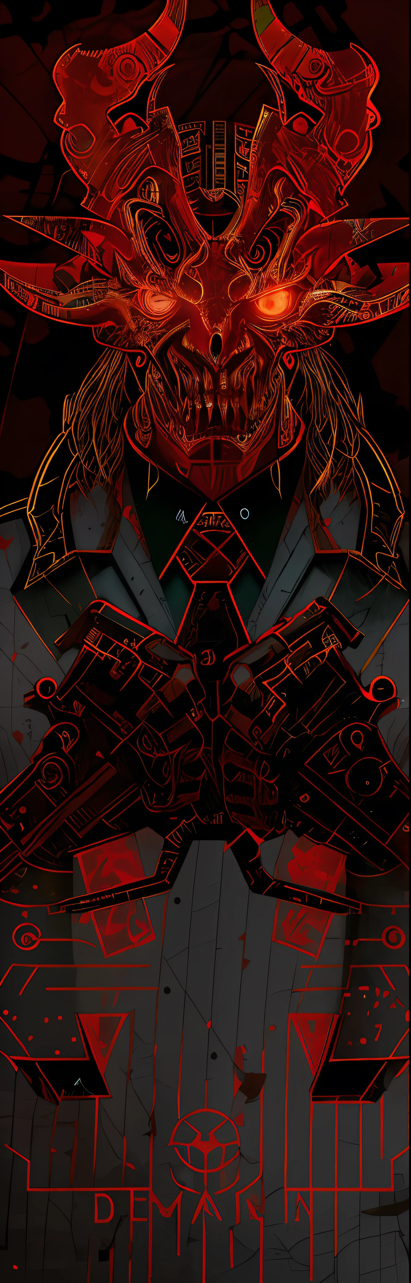 Draw one holding a pistol,Devil with bow tie。Red demon cyberpunk style,Suitable for mobile wallpapers。The exterior of the demon has red biomechanical decorations and details,Inspired by Gongrave and the Magic Machine。The illustration is themed around dark cyberpunk,detail-rich,Suitable as a cover artwork and mobile phone background。Pay attention to the symmetry。The work presents a portrait of a demon in the style of a cyborg,Art suitable for dark metal music,It has an official sense of art。