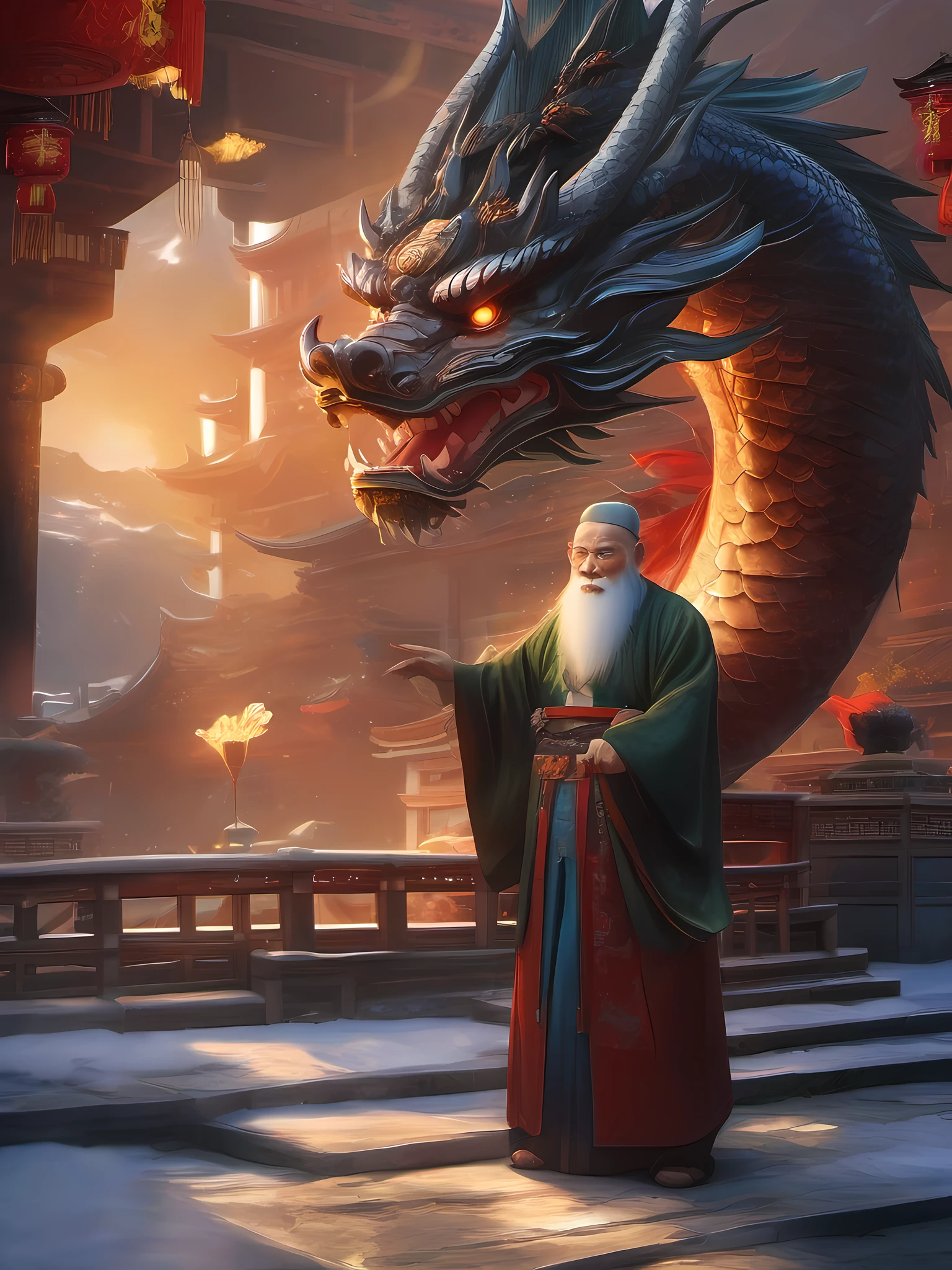 an old man stands next to a dragon, Chinese, Dragon in the background, chinesedragon，loong