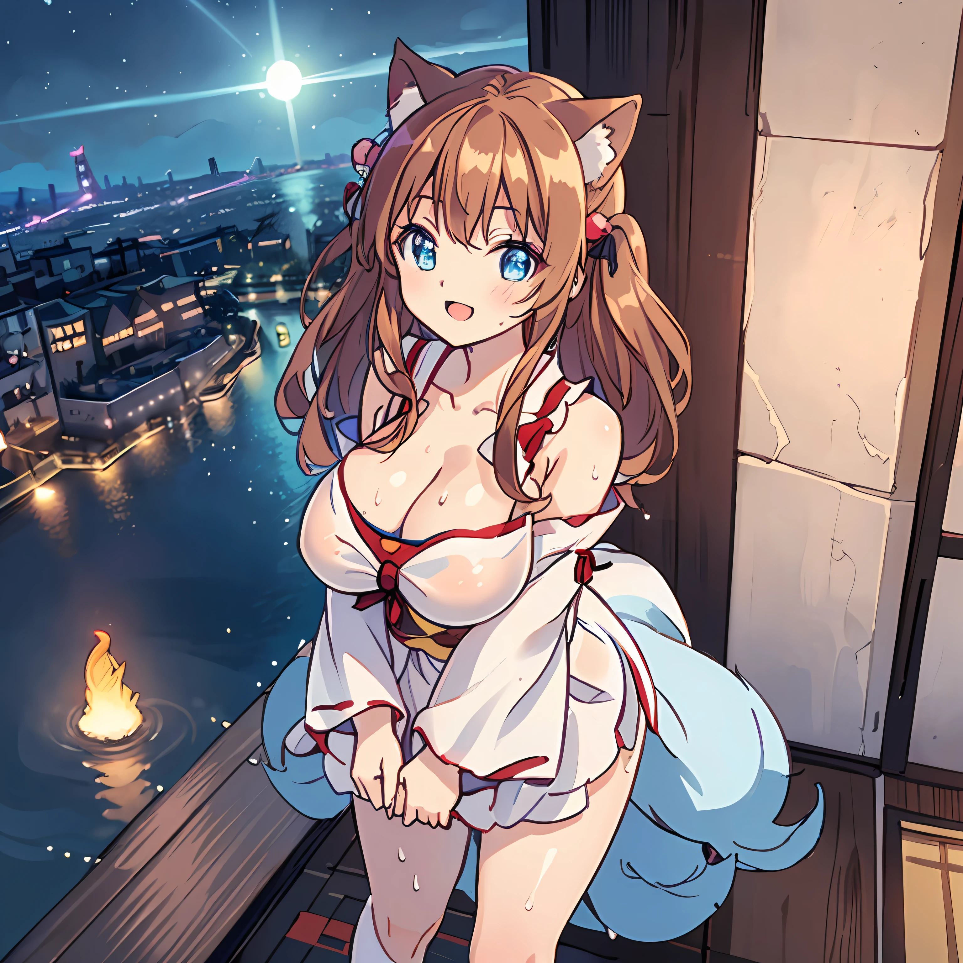(Highly detailed CG Unity 8k wallpaper), (Best Quality), (Super Detail), (Best Illustration), (Best Shadow), POV, Realistic lighting and shading, Natural light, Lens flare effect, BREAK, 1 beautiful girl, Solo,(Cute:1.5),(Chibi:0.8), (kawaii:1.5),(Lori:0.5), BREAK, ( (17 years old girl), Very detailed, colourfull, highest details, BREAK, (Huge breasts: 1. 2,), Clear skin, Beautiful skin, Shy skin, 1 beautiful girl, Brown hair wet with sweat, (Cat ears, Bonytail,medium-Long hair: 1. 2), (Light blue eyes, long eyelashes, Double eyelids: 1. 2), Solo, gleaming skin, BREAK,(Breast sarashi,Red Brown,「sacrifice to」Red Happy Lighting:1.2), (:D:1.2), (star-shaped earring:1.1), (Hair ornament in the shape of the moon:1.0), (Geta:1.3), (Arms spread with high tension:1.1), (is standing,Slouched:1.3),, (Angle from above,Emphasizes cleavage:1.1), BREAK, (omatsuri:1.2),(🌃,Awaodori Tower,natta,skyrocket:1.5),