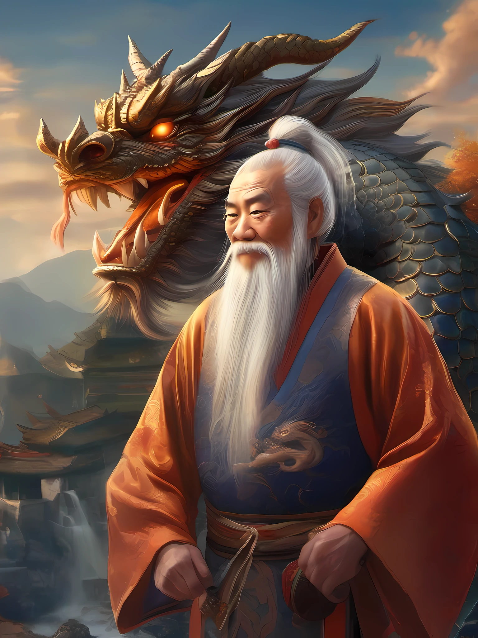 an old man stands next to a dragon, Chinese, Dragon in the background, chinesedragon，loong