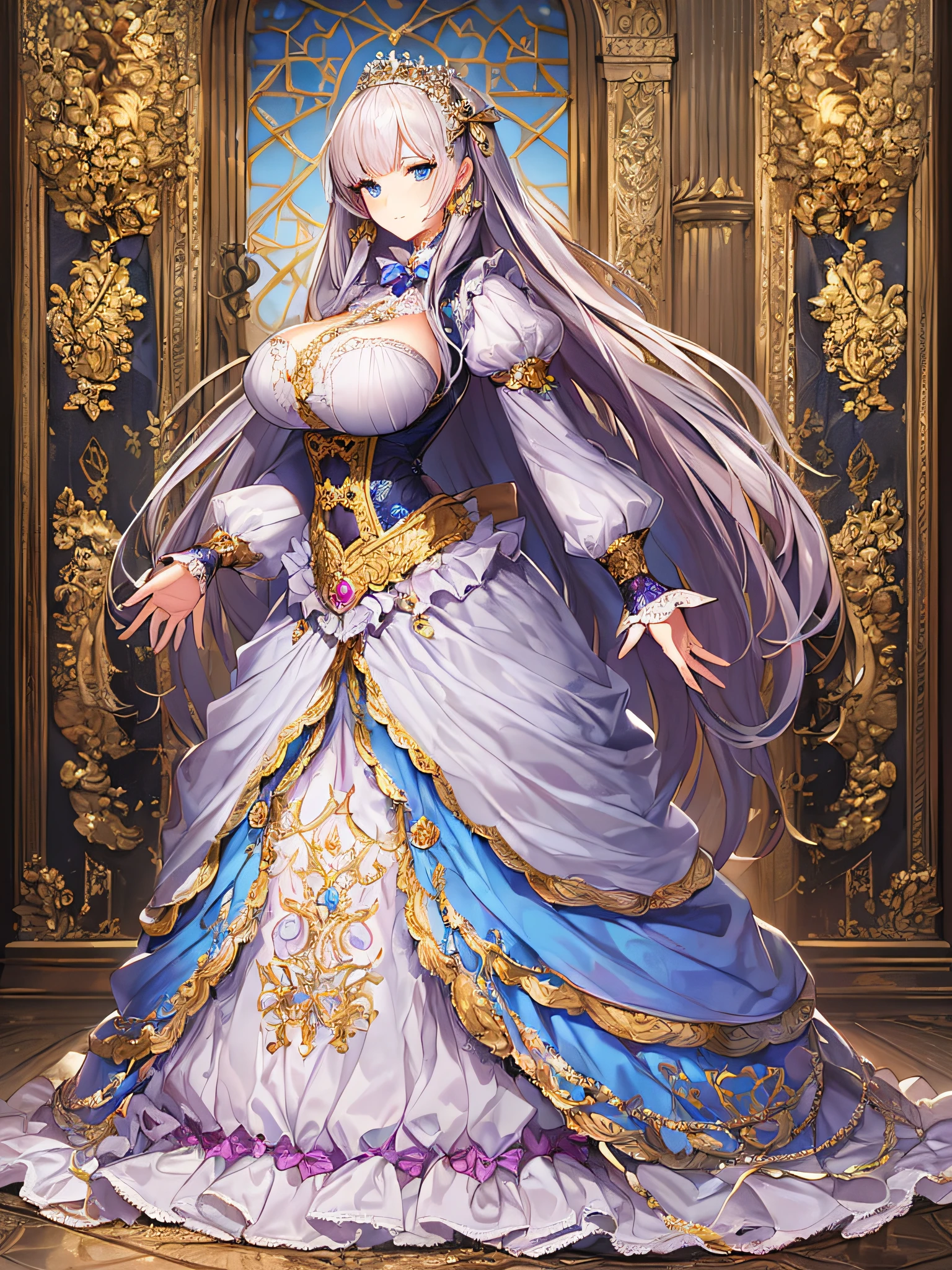 ((anime artstyle)),(Masterpiece),(Best Quality), (Super Detail),((Very Delicate and Beautiful)),((Solo)),((full body)),((1 princess in gorgeousfull victorian dress)),many ruffles,detailed face and eyes,jewel-like eyes,((voluminous Very Long Straight Hair)),((gorgeousfull embroidery and lace)),gorgeous corsage,See-through,gorgeousfull hair ornament,gorgeousfull glitter jeweled tiara,ornate ruffles,((gigantic breasts,Long breasts)),skindentation,((full body)),((hoop skirt,crinoline)),standing pose,Dynamic Angle,Looking at viewer,royal victorian palace,(((gorgeous embroidery gorgeousfull victorian dress)),full body