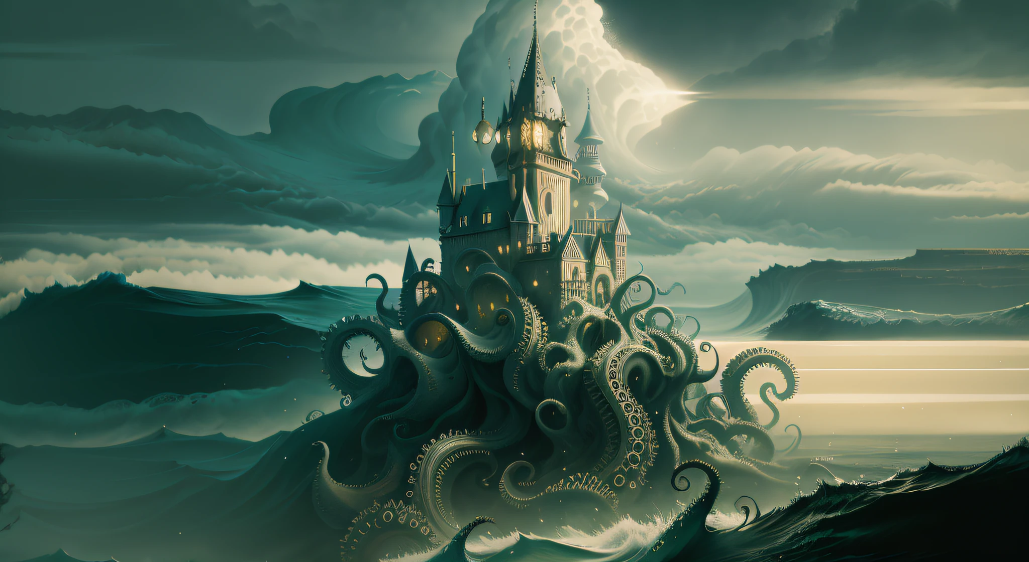 8k,Foto RAW,melhor qualidade, master part: 1.2, detalhes intrincados, papel de parede, ultra high-resolution), (Realistic), ondas grandes batendo nos rochedos e se formando ao longe, paisagem lovecraftiana, rough sea, big waves, waves hitting the rocks, tidal wave, nightmare sea, lovecraftian landscape, Simply magical, masterpiece.