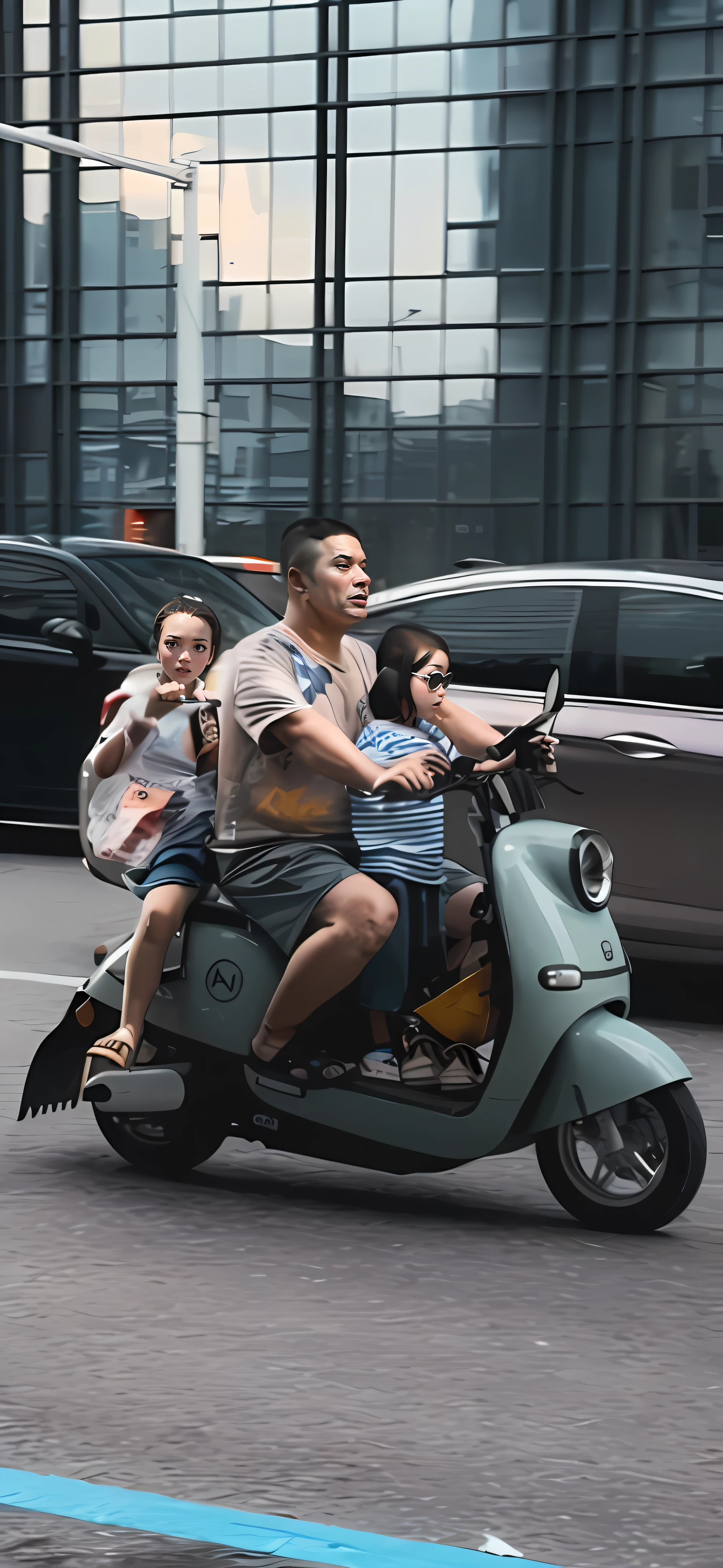 There are two on a scooter on a city street, riding on the moped scooter, people in street, riding motorcycles, candid street photography, people in street, riding a motorcycle, riding a motorbike down a street, in city street, Have on the street, sitting on the motorcycle, kid, street photos, Moped,unity8k,Super meticulous。