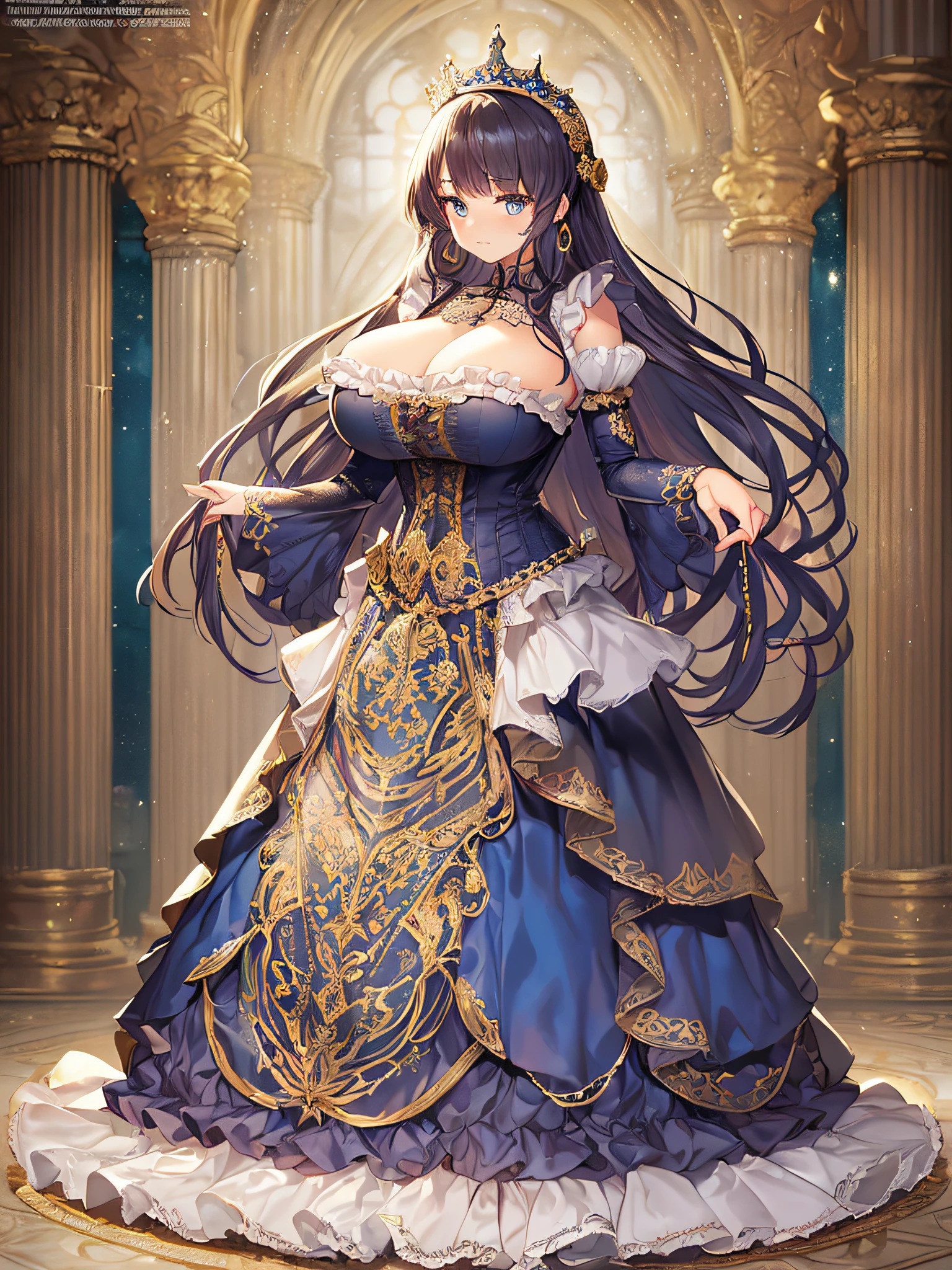 ((anime artstyle)),(Masterpiece),(Best Quality), (Super Detail),((Very Delicate and Beautiful)),((Solo)),((full body)),((1 princess in gorgeousfull victorian dress)),many ruffles,detailed face and eyes,jewel-like eyes,((voluminous Very Long Straight Hair)),((gorgeousfull embroidery and lace)),gorgeous corsage,See-through,gorgeousfull hair ornament,gorgeousfull glitter jeweled tiara,ornate ruffles,((gigantic breasts,Long breasts)),skindentation,((full body)),((hoop skirt,crinoline)),standing pose,Dynamic Angle,Looking at viewer,royal victorian palace,(((gorgeous embroidery gorgeousfull victorian dress)),full body