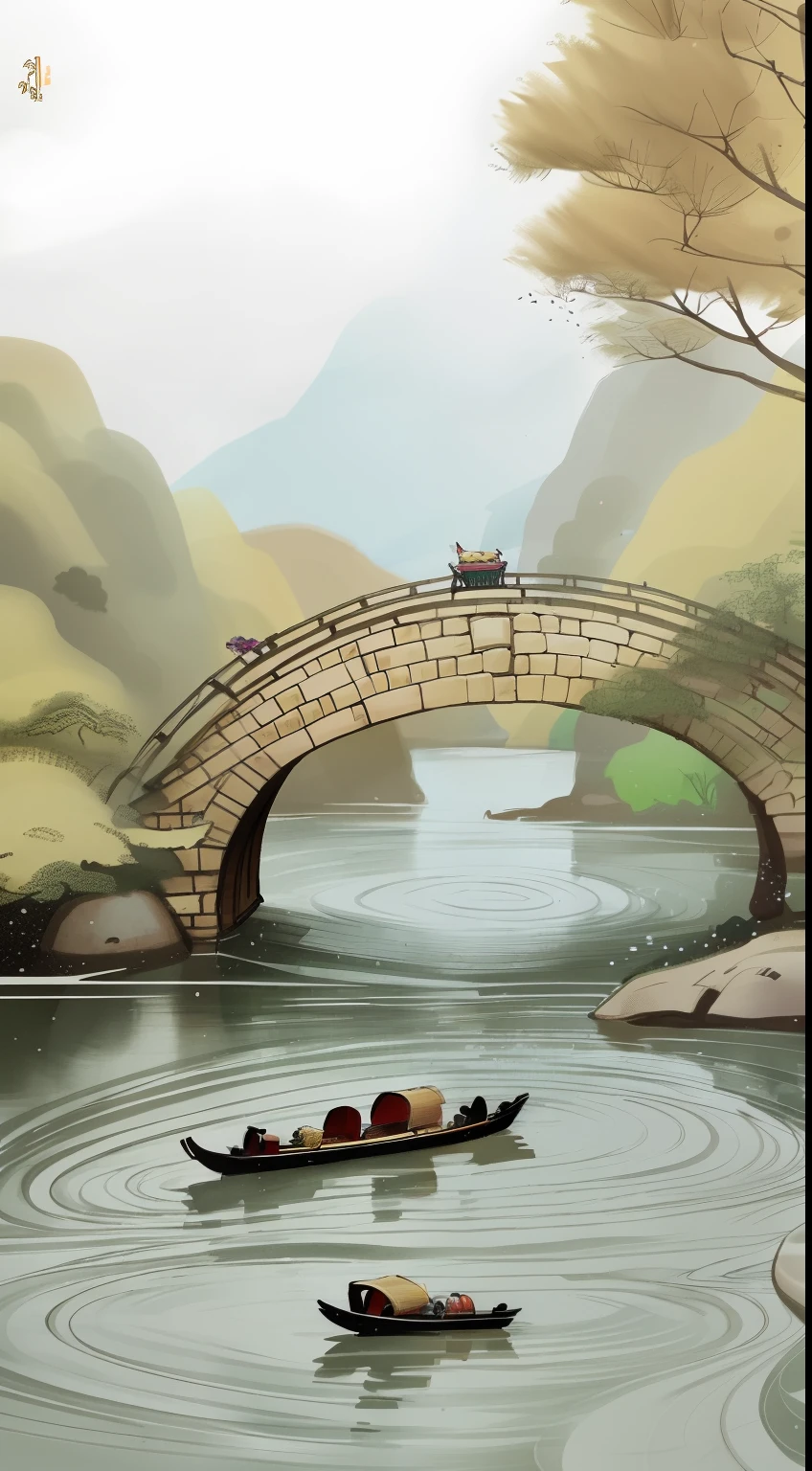 This is a set of hand toys, 2-head body or 3-head body ratio, A cute girl in Hanfu, Stand on a stone arch bridge, There is a river under the bridge, There are dragon boats in the river, The rower sits on a dragon boat,drummer, Trees and gazebos on the shore
