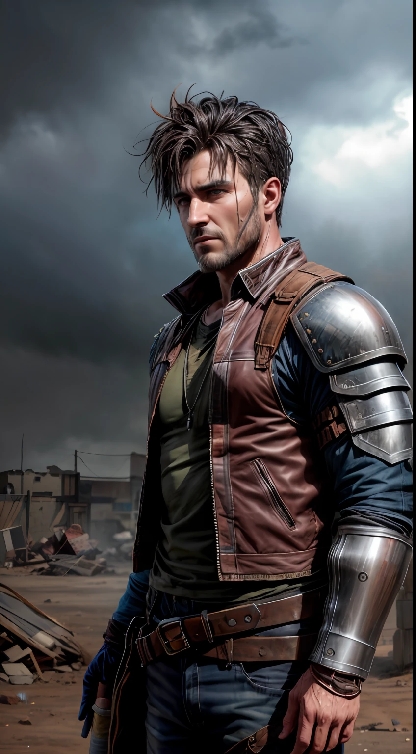 (((It's raining heavily, Clothes are wet, raindrops on the face))), A Punk from the Wasteland stands in the middle of the Wasteland (((Far plan, Full-length))), engulfed in swirling dust storms. The camera zooms in on a man, capturing the intensity in his eyes, when he looks into the distance. The details of his weathered clothes and makeshift armor become clearer with each zoom, Patchwork quilt made of materials, sewn together. When the zoom reaches its peak, The focus shifts to his hands, who hold disposed weapons in their hands, demonstration of the character's resourcefulness and survival skills. The hint is implemented in the style of 3D sculpture, Using a combination of modeling and texturing techniques to bring the character and environment to life.