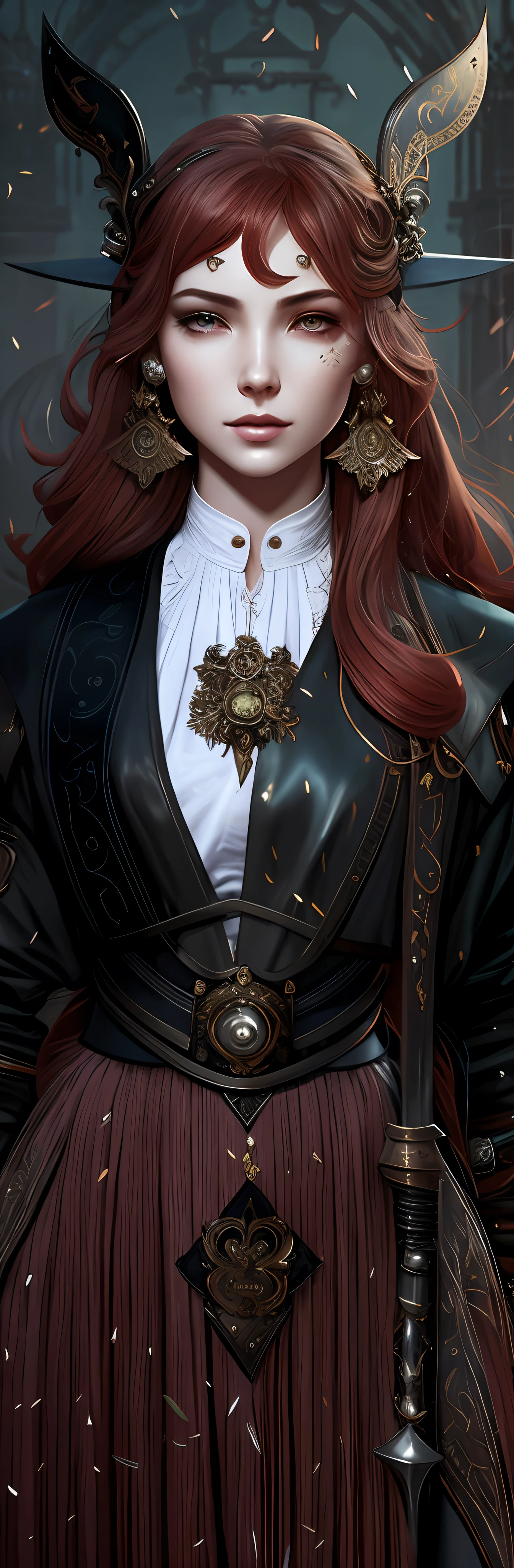 There was a woman with a sword and a hat, Charlie Bowater style, immaculate detail, character art closeup, holding a sword on her shoulder, ornate korean polearm behind her, female redhead templar, highly detailed exquisite fanart, NeoArtcore和Charlie Bowater（charlie bowater）, Incredibly clear details, very detailed and rich clothing, closeup detailed