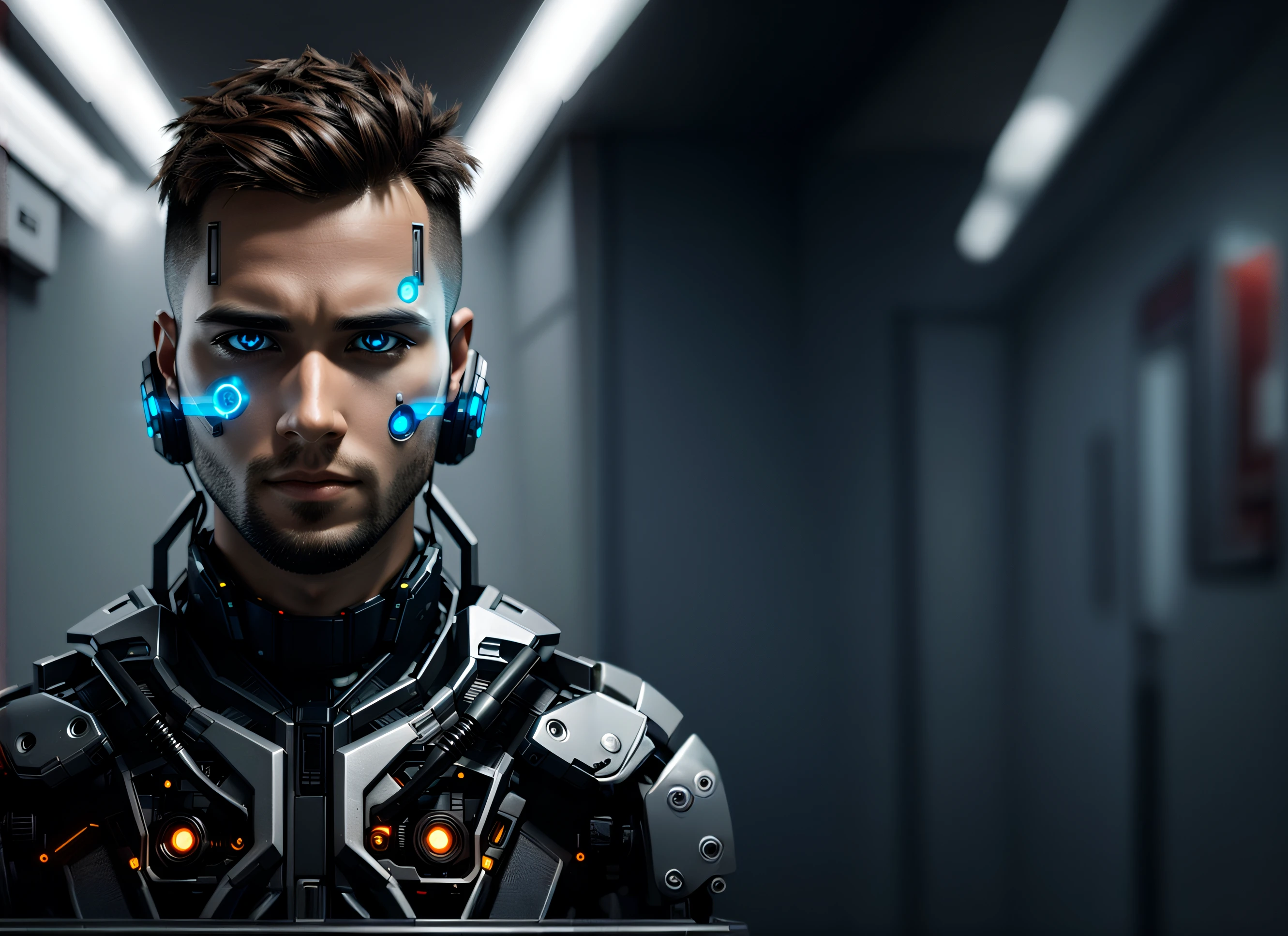 Arafed Hombre con brillantes ojos azules y un traje futurista, Retrato en primer plano de Cyborg, cyborg macho, cyborg macho, Retrato de Cyborg, Atractiva cara sci - fi, Retrato de un cyborg, Retrato de un cyborg cyberpunk, Comandante militar cyborg masculino, Retrato cyborg, Retrato detallado de un cyborg, Retrato de un robot futurista, movie still of a cool cyborg