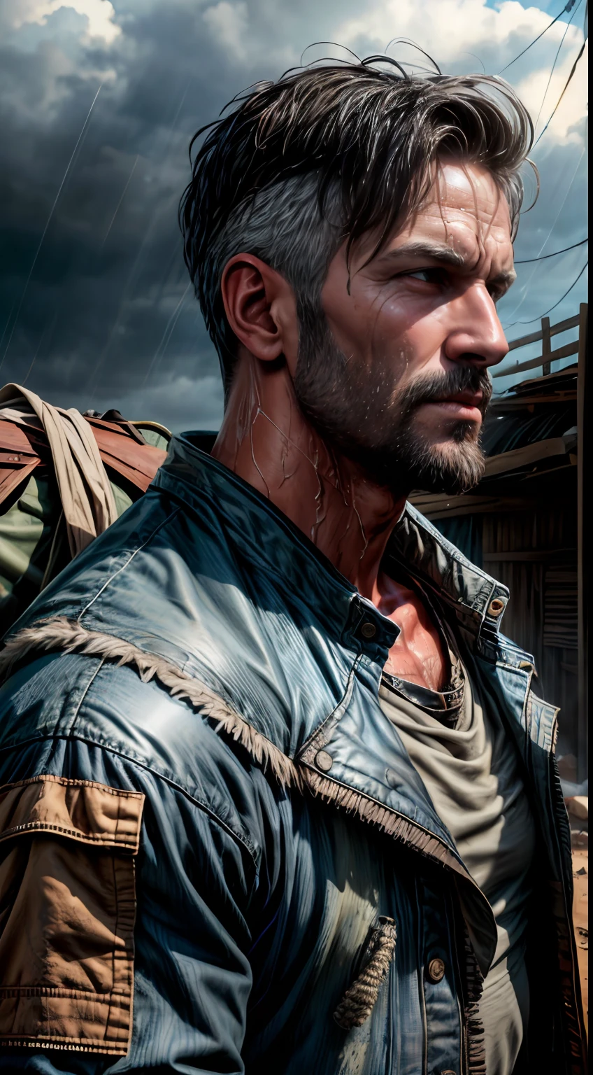 (((It's raining heavily, Clothes are wet, raindrops on the face))), A Punk from the Wasteland stands in the middle of the Wasteland (((Far plan, Full-length))), engulfed in swirling dust storms. The camera zooms in on a man, capturing the intensity in his eyes, when he looks into the distance. The details of his weathered clothes and makeshift armor become clearer with each zoom, Patchwork quilt made of materials, sewn together. When the zoom reaches its peak, The focus shifts to his hands, who hold disposed weapons in their hands, demonstration of the character's resourcefulness and survival skills. The hint is implemented in the style of 3D sculpture, Using a combination of modeling and texturing techniques to bring the character and environment to life.
