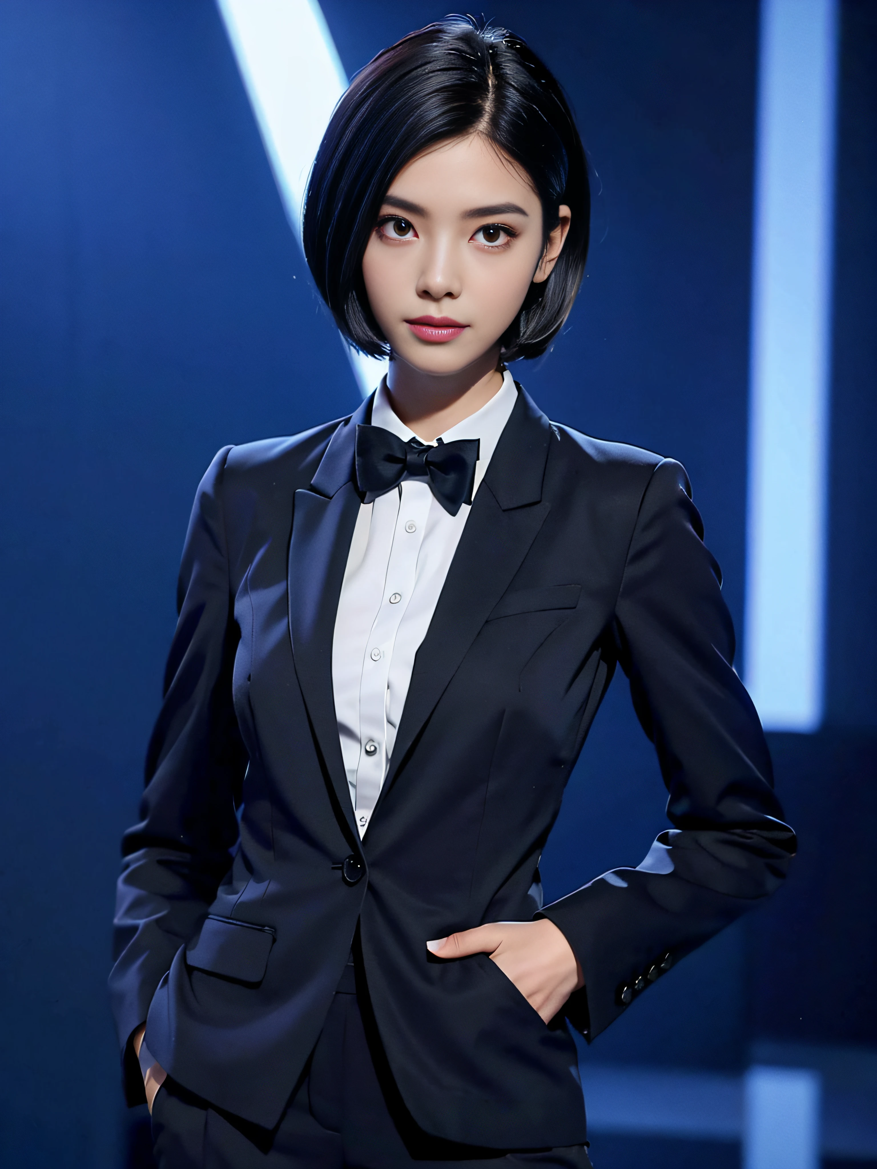 a woman standing in suit and tie, black bob hair, body and head straight in the photo, facing the viewer of the photo, eyes fixed to the lens, appears shoulders and head in the photo, woman centered in the photo, 8k, best quality, masterpiece, realistic, realistic photo, movie photo, ultra realistic, 1 person, detailed, perfect lighting, DSRL, professional photo, 4k, Blue lighting