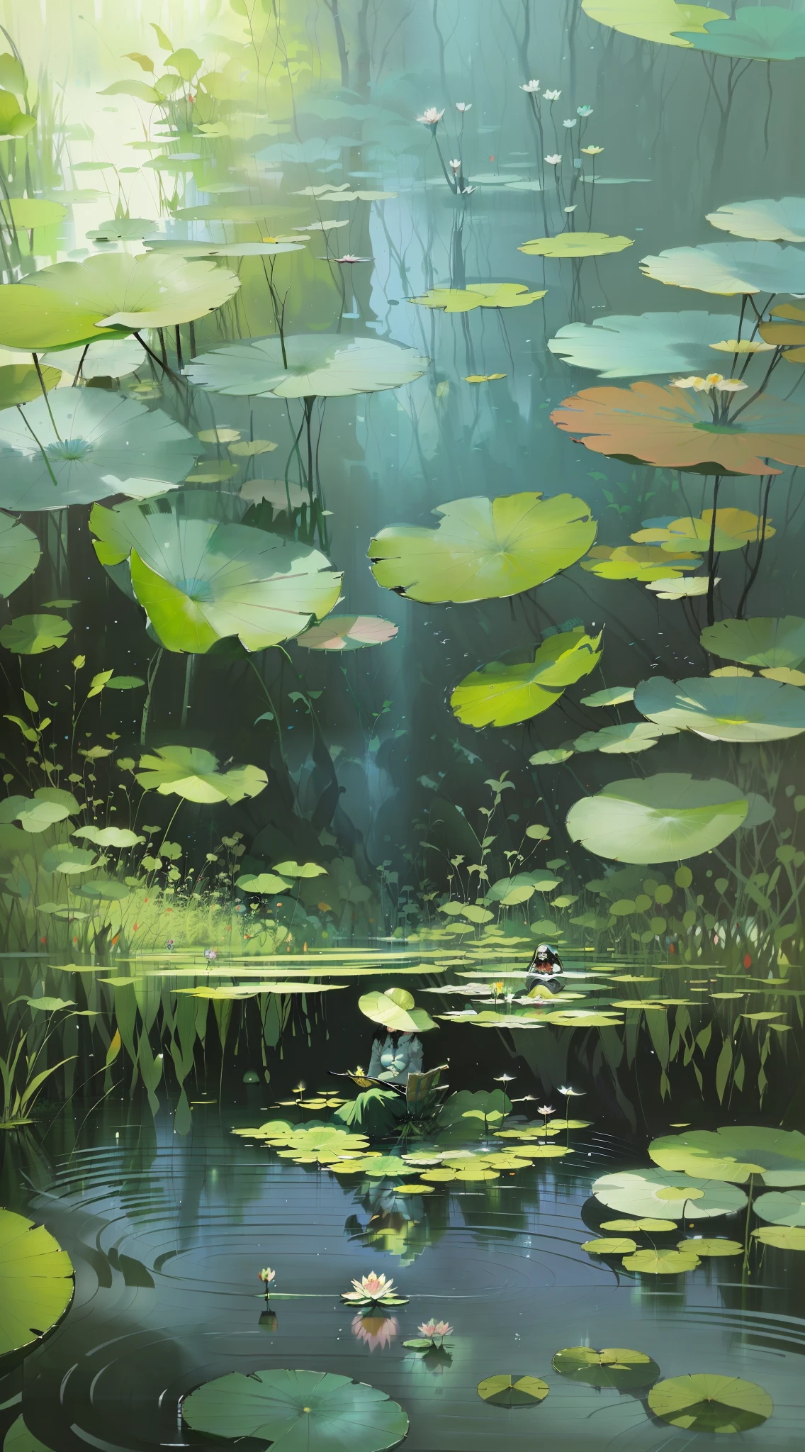 a woman sitting on a leaf in a pond surrounded by water lilies, relaxing concept art, by Li Song, by Yang J, a beautiful artwork illustration, serene illustration, anime nature, anime lush john 8k woods, by Goro Fujita, by Atey Ghailan, anime nature wallpap, background art, atey ghailan 8 k, lofi art