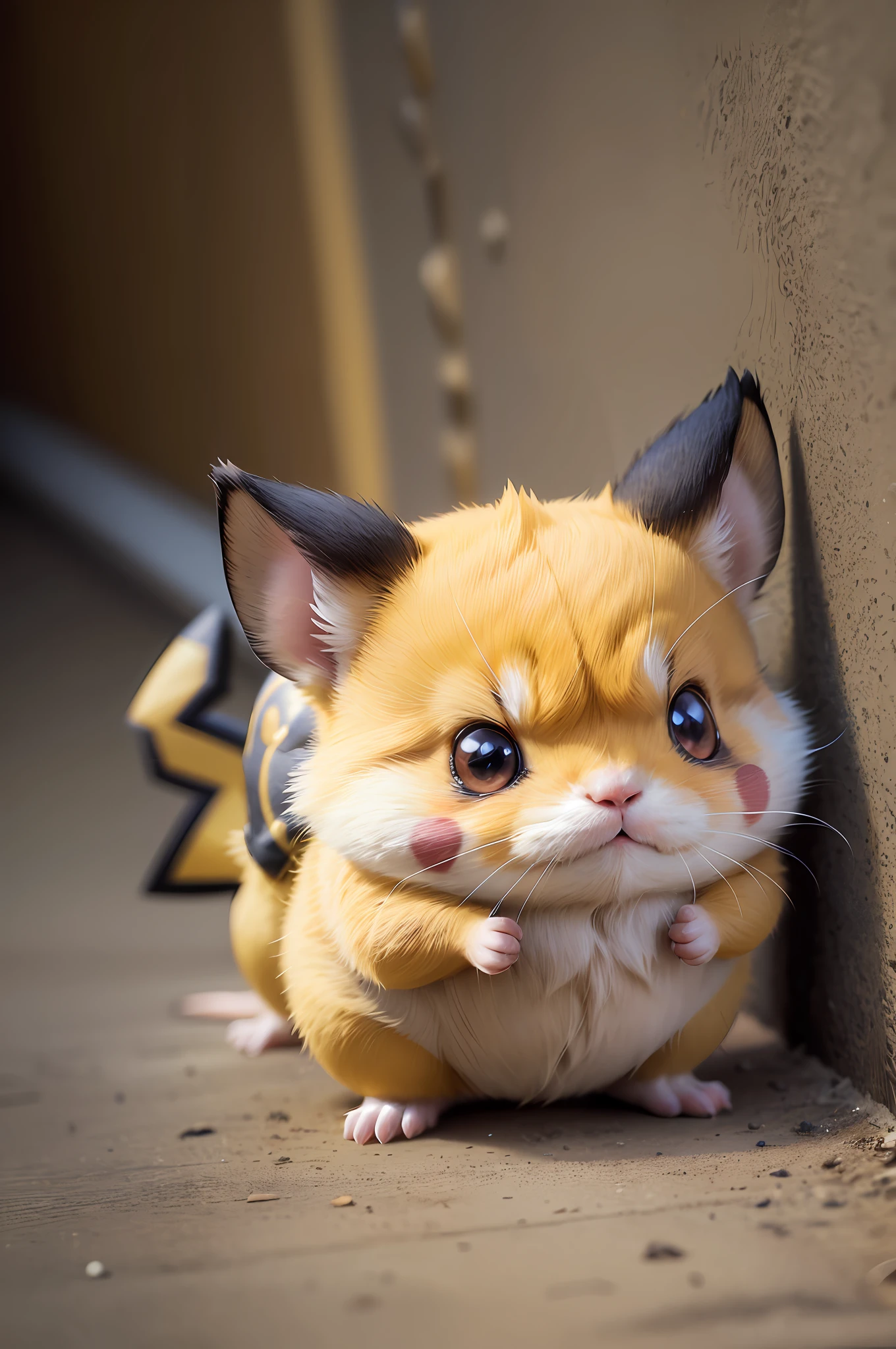 pokemon "1Pikachu" , yellow furry , Little furry beast , hamster, solo , cute fat , Angry , preparing to attack, electric yellow glowing, fur standing,