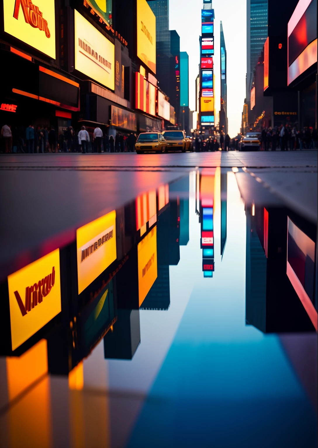 Times Square, reflection on the ground, Morning light, sol, amazing fine details, film photography Nikon D850 Kodak Portra 400 camera f1.6 lente, cores claras, textura realista, ambiente urbano, highrise, neon signs, trending on ArtStation, cinestill 800 tungsten, foto do ano,