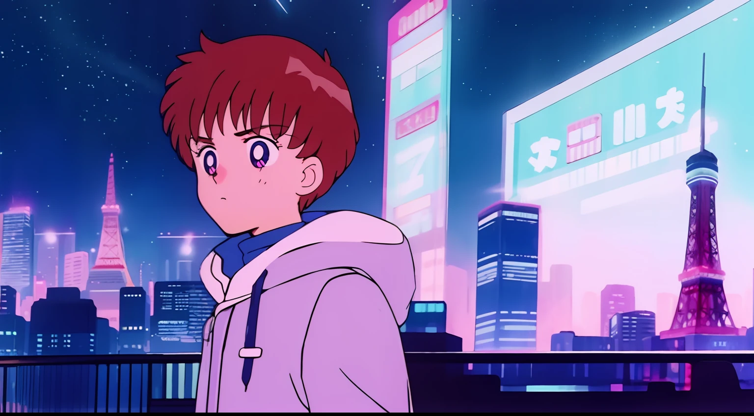 1boy,jaket,city neon light,starrysky
