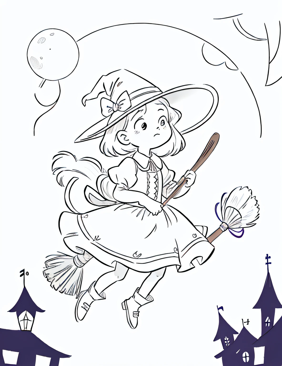 coloring page for , simple line sketch, no detailed, no shading, no color: a witch riding broom in halloween day, in the sky, full moon