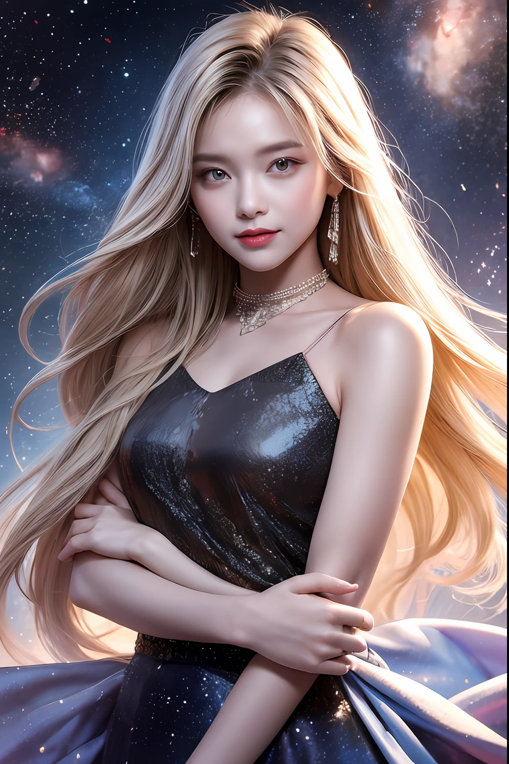 (best quality, masterpiece), 1girl, pose, particle, wind, red carpet, upper body, people are taking pictures background, looking at viewer, blonde, galaxy, smiling, charming face, dynamics light, posting for the pictures, tattooed body, neat fashion, 8k, heatwave --ar 5:7 ---s 750 --q 2 --v 5.1 --style raw