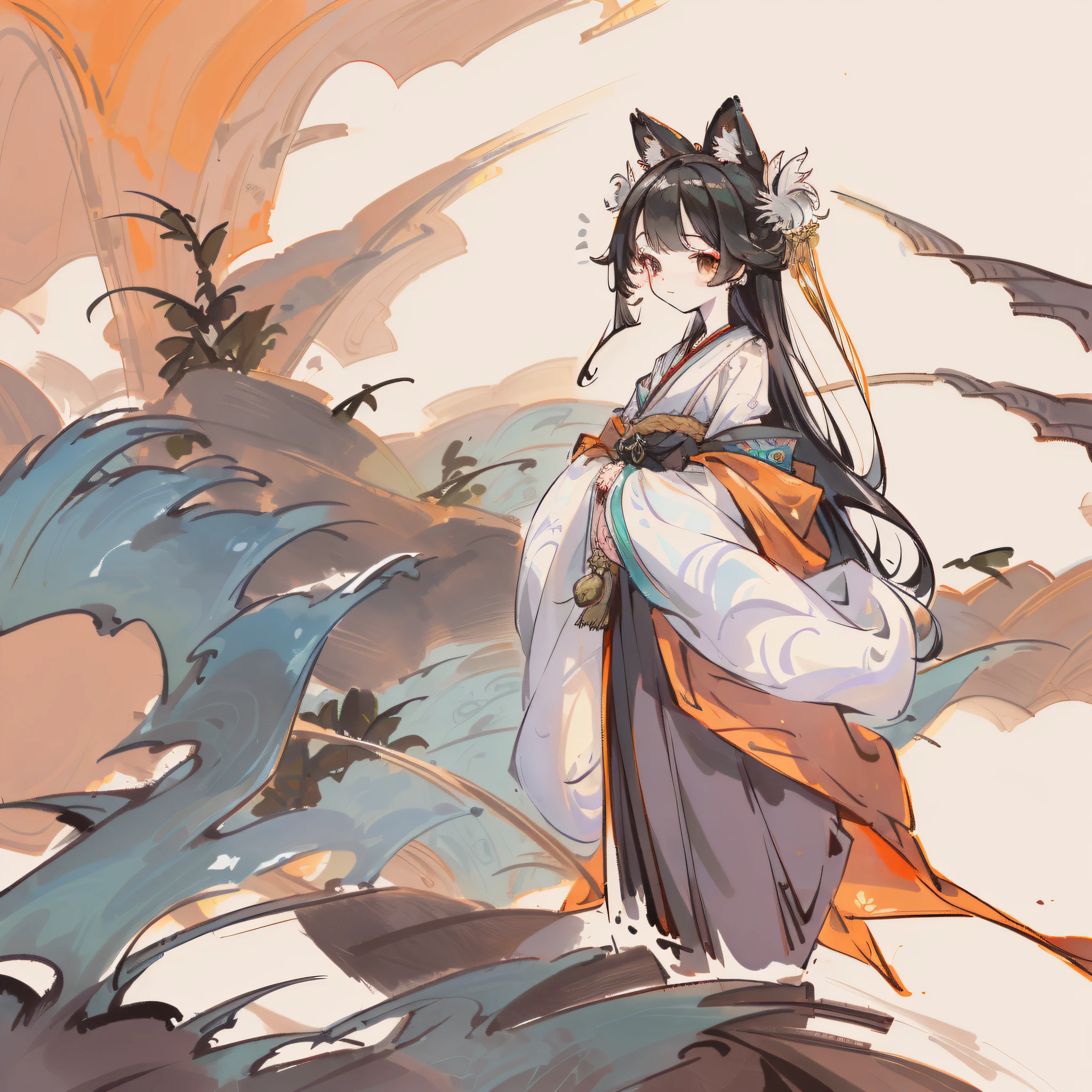 ((4K,Masterpiece,Best quality)),ink wash style, Traditional Chinese painting, , long skirt,1 rapariga, 独奏, whaite hair, long whitr hair, fox ear, Exquisite facial features,long beautiful hair,sneak shot, cropped shoulders,upper legs,(mountain water),(A small bird is on the girl's head),Small rivers,(Landscape photos),outside,(Green bamboo),standing on your feet,((feet in water,)),(Stand in rippled water), (The barefoot),
