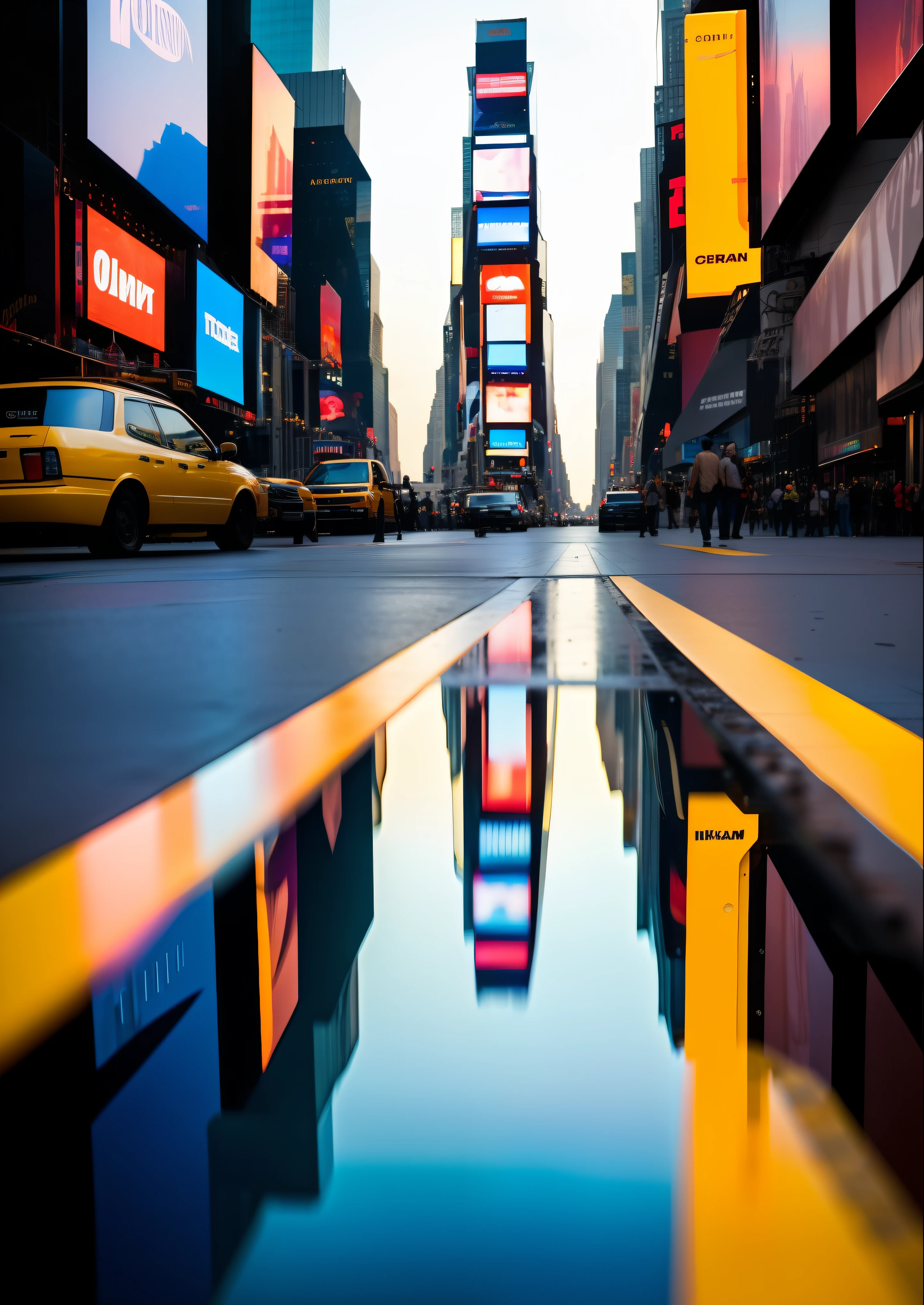 Times Square, reflection on the ground, Morning light, sol, amazing fine details, film photography Nikon D850 Kodak Portra 400 camera f1.6 lente, cores claras, textura realista, ambiente urbano, highrise, neon signs, trending on ArtStation, cinestill 800 tungsten, foto do ano,